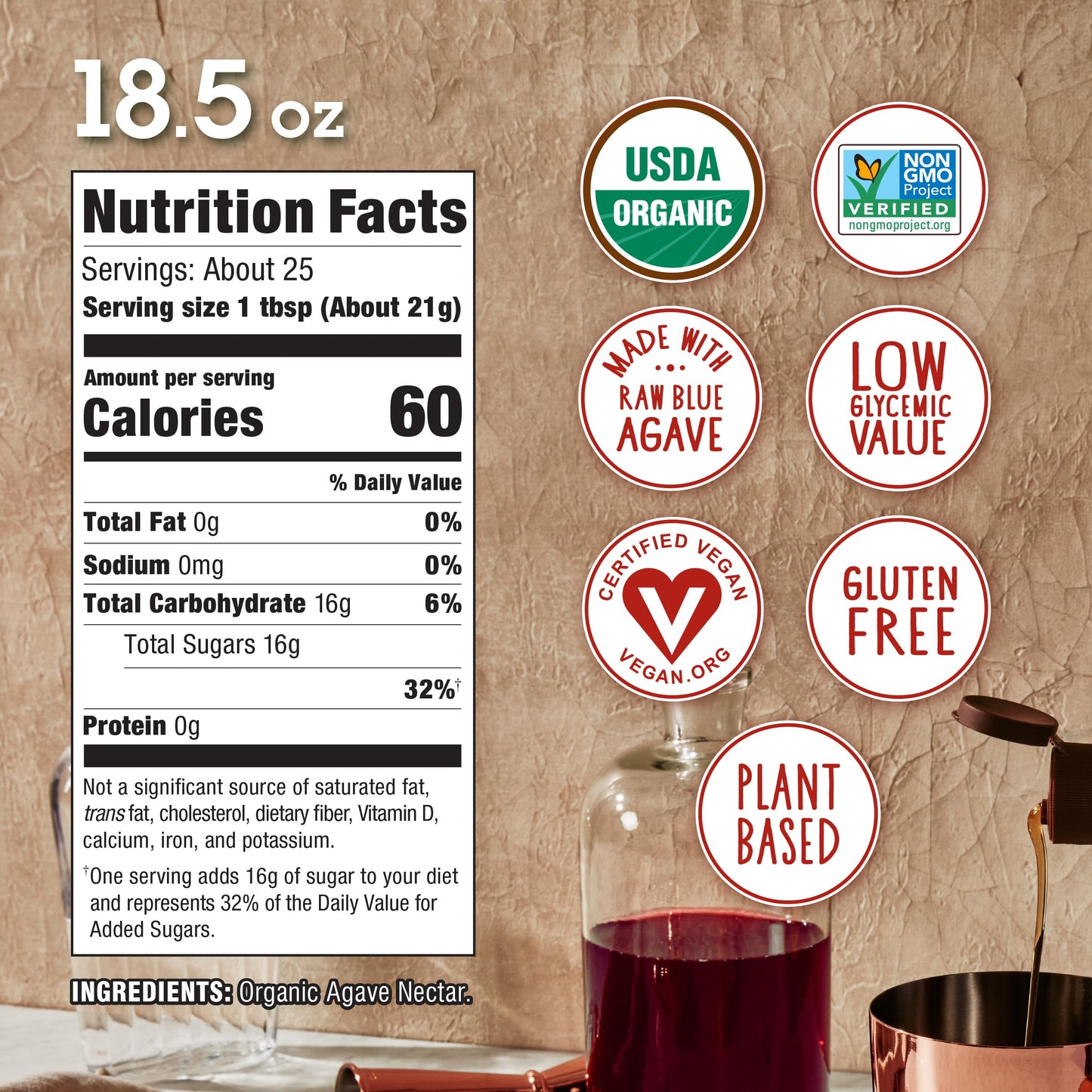 Organic Agave In The Raw Light Agave Nectar, 18.5 oz., Made With Organic Blue Agave From Mexico, USDA Organic, Non-GMO Project V