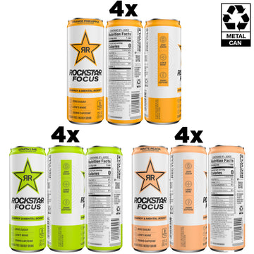 Rockstar Focus Variety Pack, 3 Flavors (White Peach, Lemon Lime, Orange Pineapple), 12 Fl Oz Cans, Pack of 12