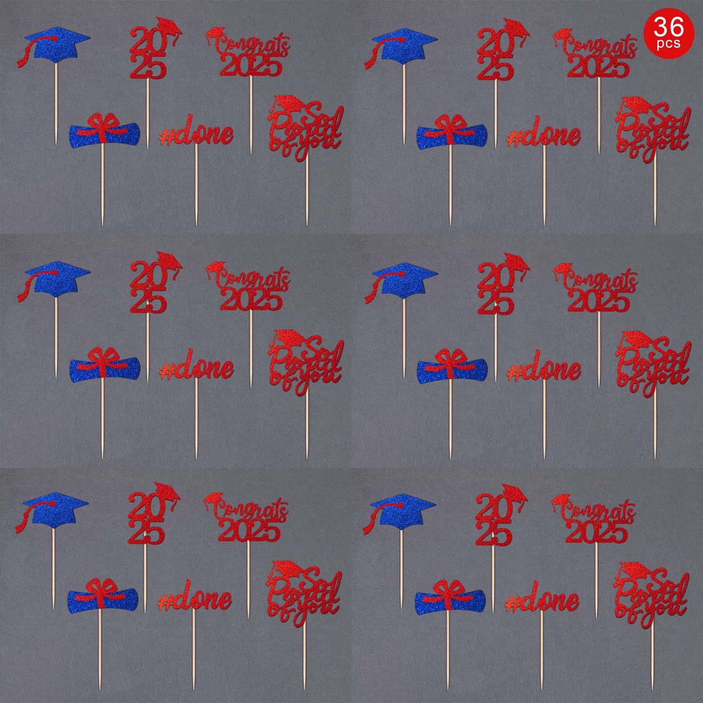 36 Pcs Class Of 2025 Graduation Cupcake Toppers, Red & Blue Glitter Double-Sided Grad Cap Cake Picks For Party Supplies, 2025 Gr
