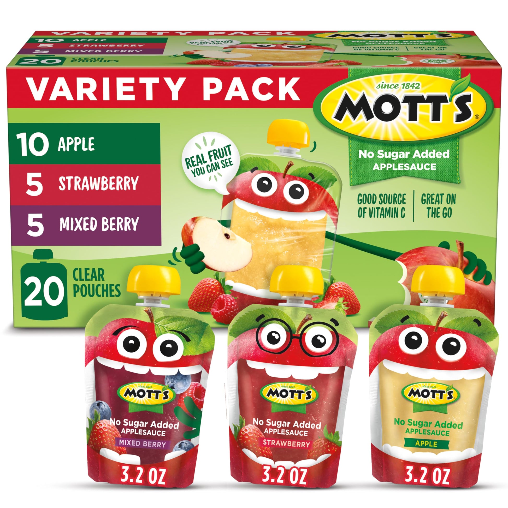 Mott'S No Sugar Added Applesauce Variety Pack, 3.2 Oz Clear Pouches, 20 Pack, Made From Real Fruit, Good Source Of Vitamin C, On