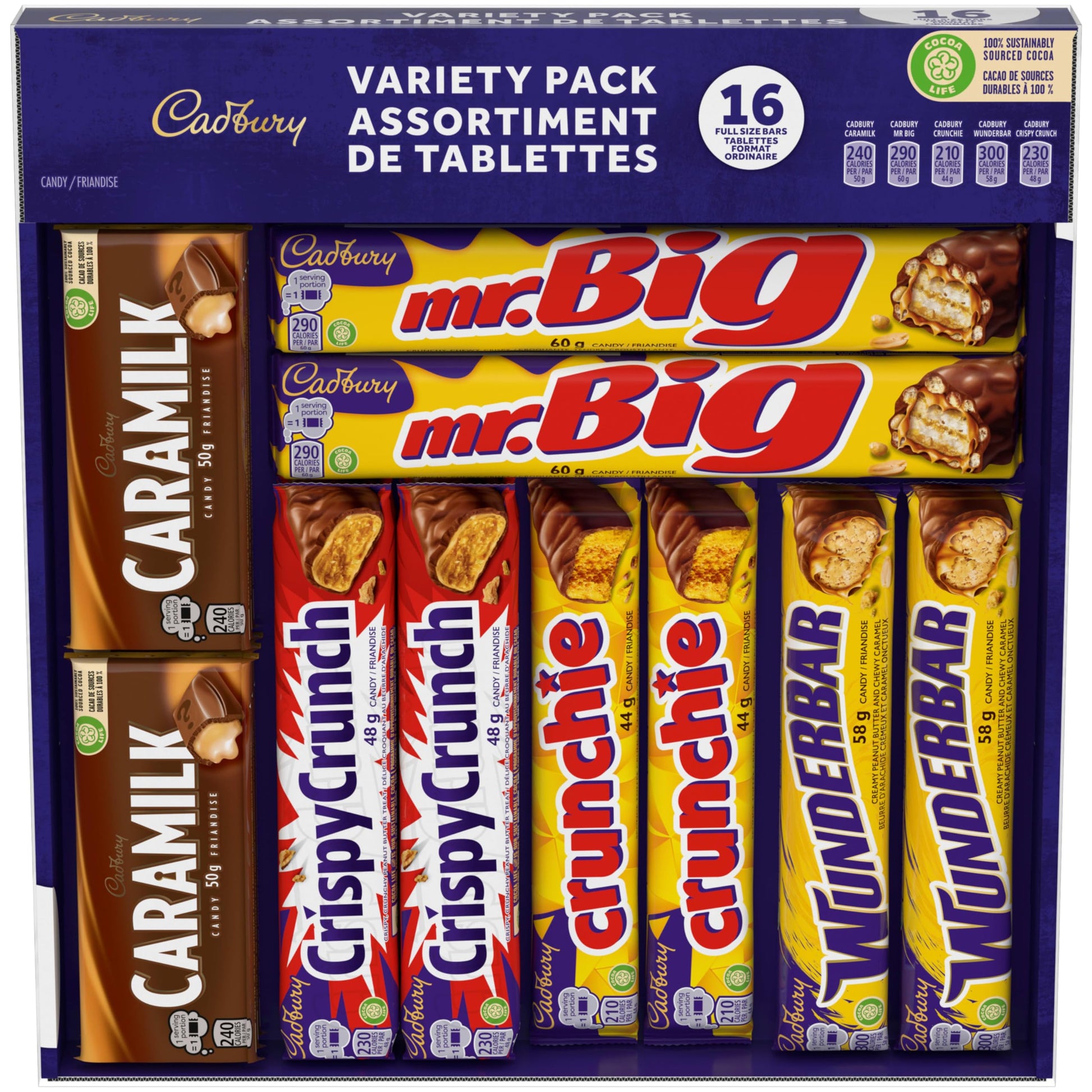 Cadbury 16 Full Size Chocolate Bars Variety Pack - Wunderbar, Caramilk, Mr.Big, Crunchie, Crispy Crunch 816 G