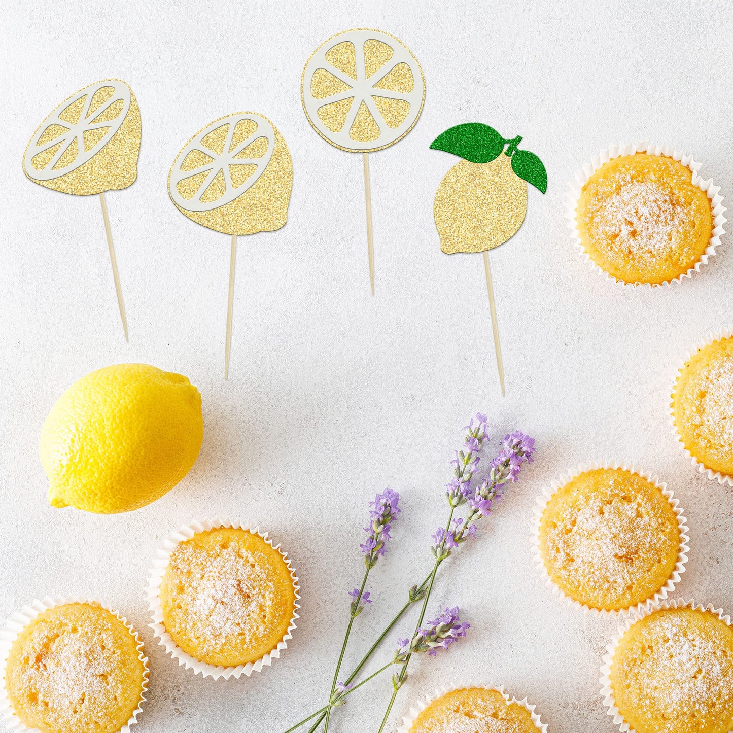 24Pcs Lemon Cupcake Toppers Glitter Flower Ring Fruit Bridal Shower Cupcake Picks For Lemonade Engagament Party Baby Shower Birt