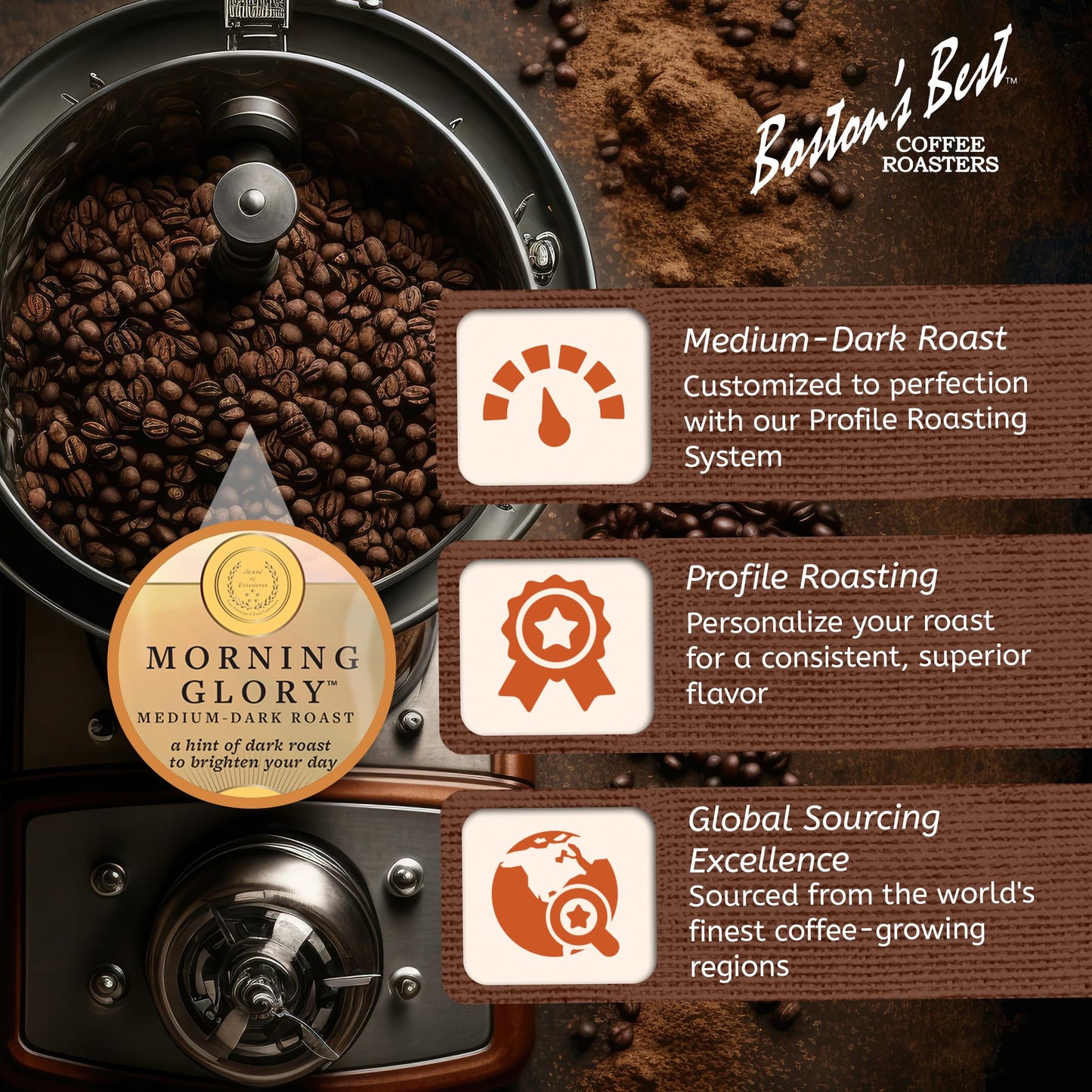Bostons Best Coffee - Morning Glory Blend, Delicious Medium Dark Roast Delicious Gourmet Coffee, Premium Ground Coffee, 11 Oz. /