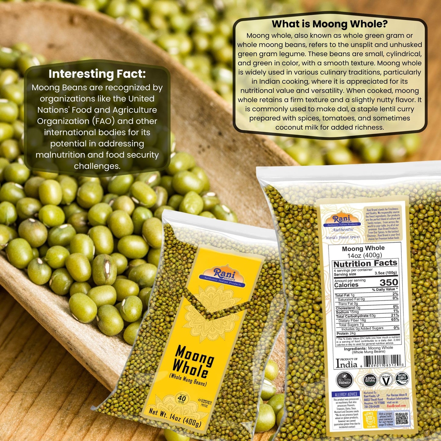 Rani Moong Whole Mung Beans - All Natural, Gluten Friendly, Non-GMO, Vegan, 14oz (400g)