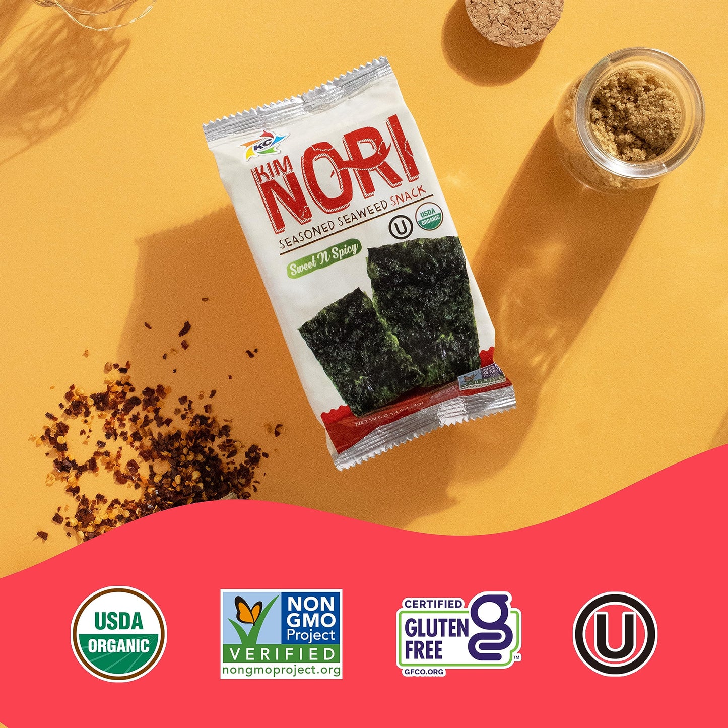 Kimnori Seasoned Seaweed Snacks Sheets - Organic Sweet 'N Spicy Flavor 12 Individual Packs Roasted Crispy Premium 100% Natural L