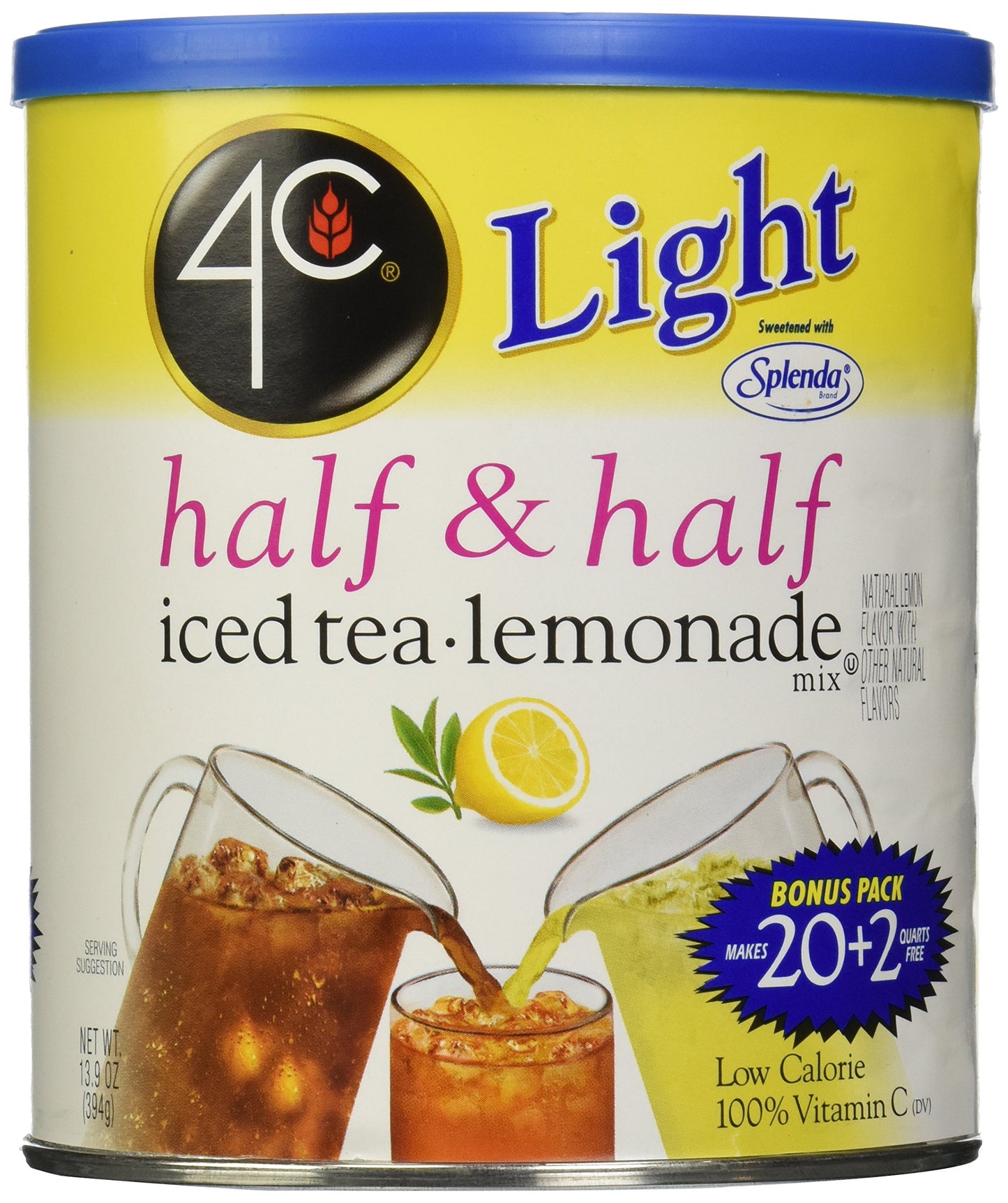 4C Zero Sugar Powdered Drink Mix, Half & Half, 22 Quarts, Family Sized Cannister, 13.9 Ounce, Low Calorie