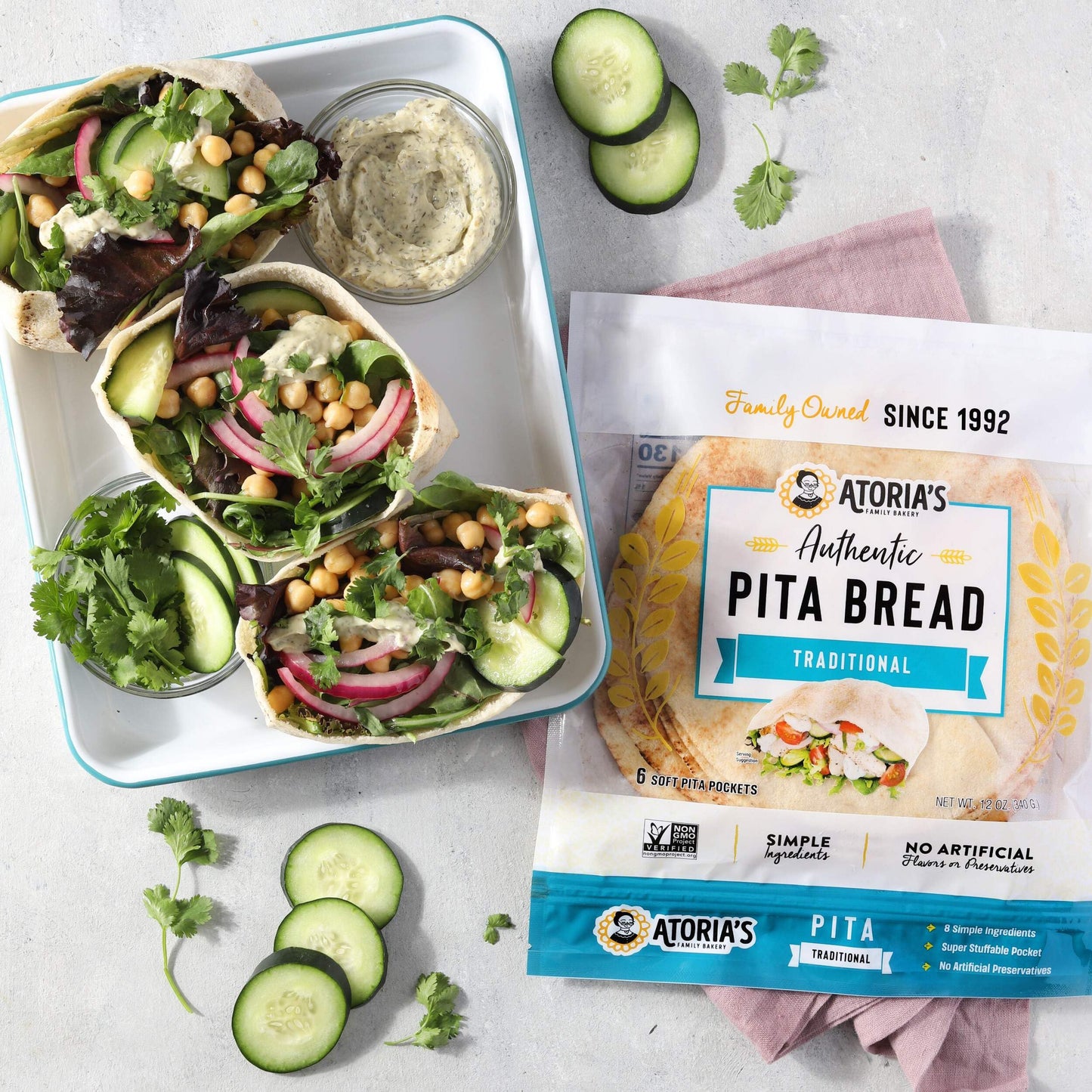 Atorias Family Bakery Traditional Pita Flatbread 8 Pack | 48 Individual Pita Pockets | Fresh Baked, All Natural, GMO Free, and