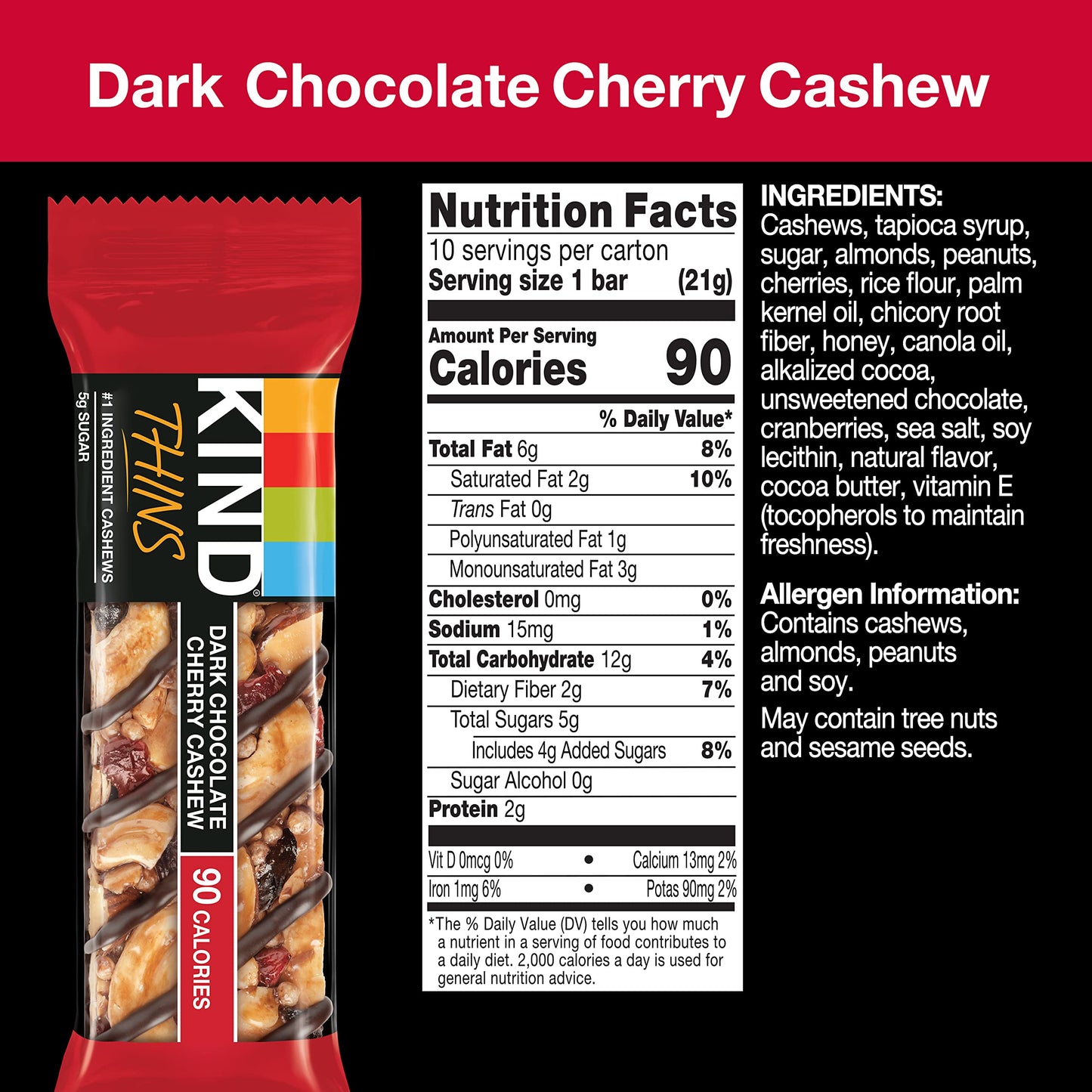 Kind Thins Dark Chocolate Cherry Chashew Bars, Gluten Free, 5G Sugar, 0.74 Oz Bars, 10 Count