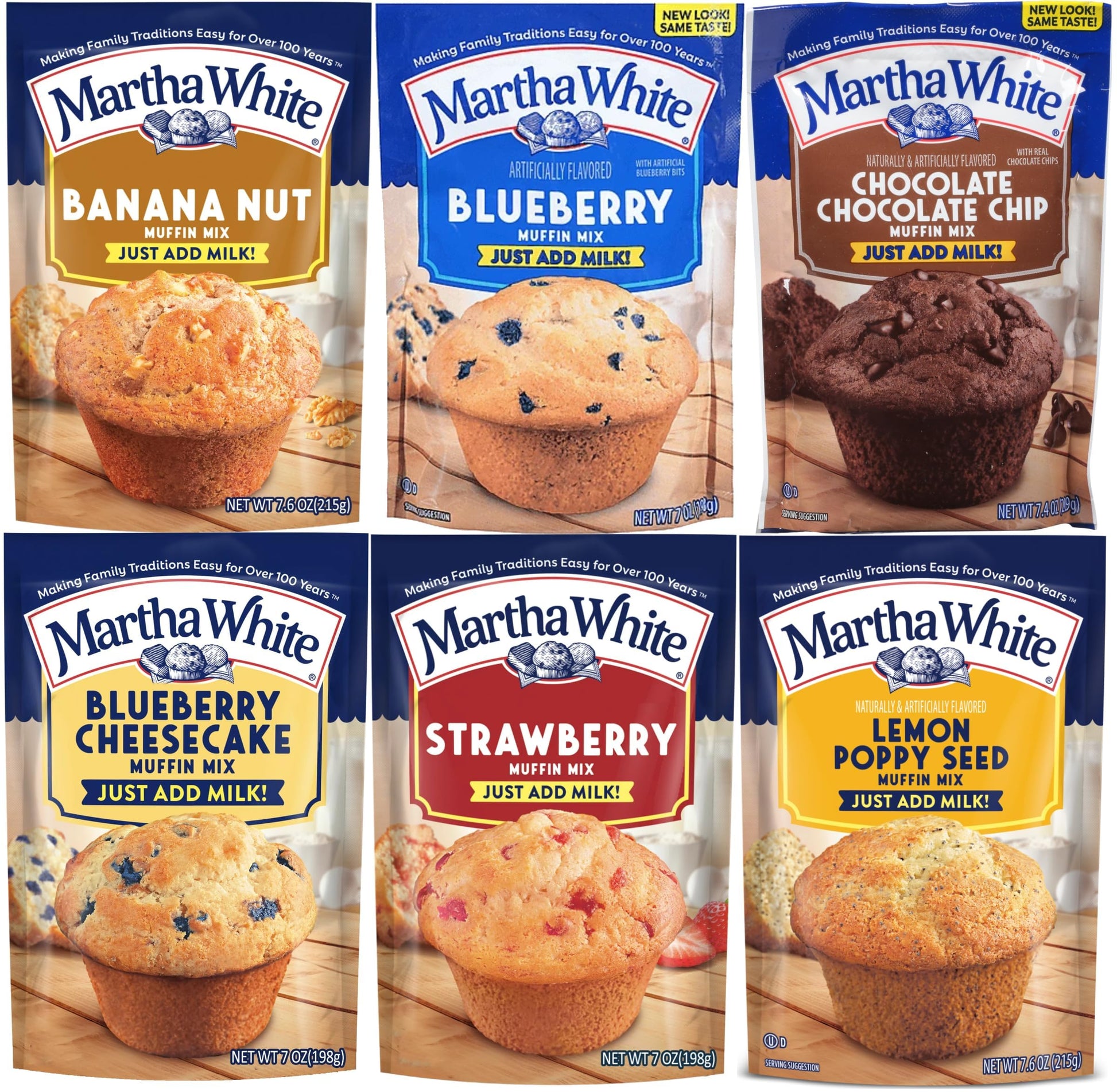 Martha White Muffin Mix Sampler Package with Favorite Banana Nut - 6 Pack of Various Flavors