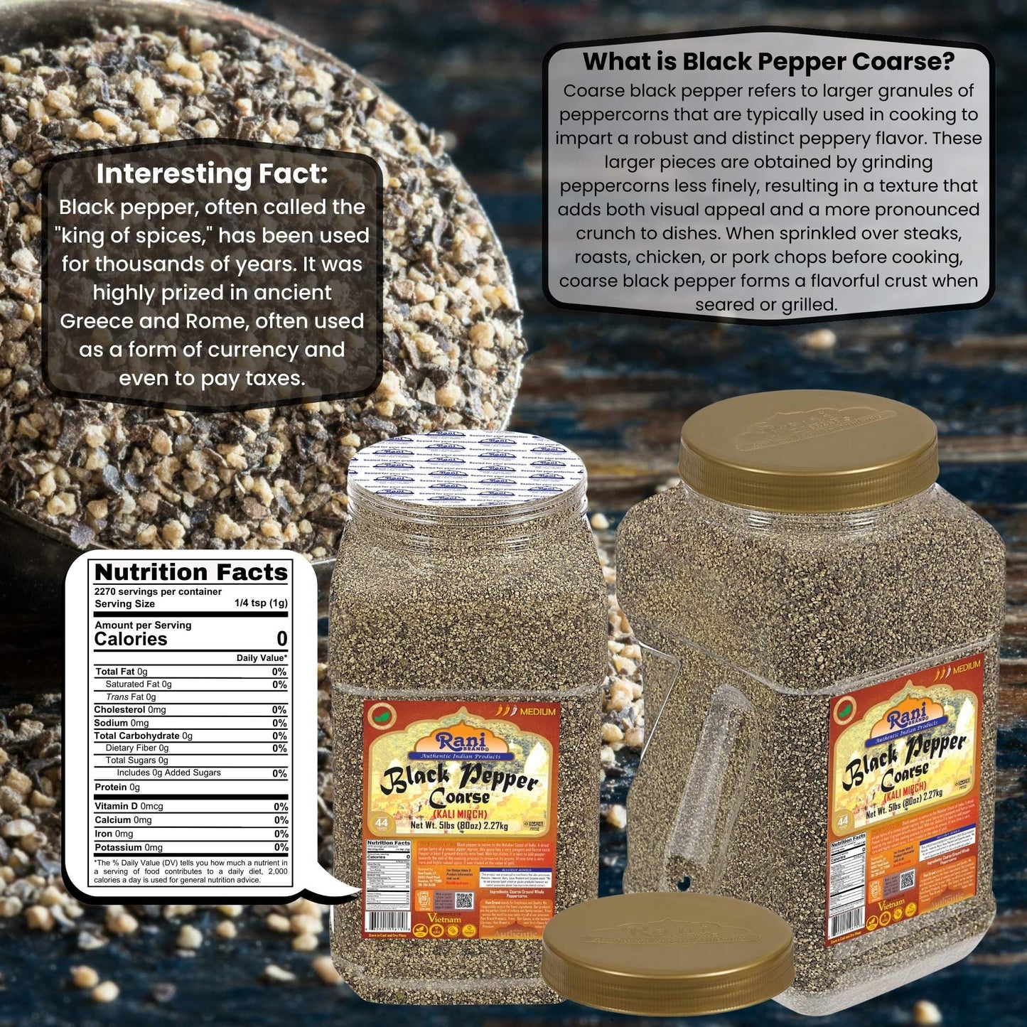 Rani Black Pepper Coarse Ground 28 Mesh, 80oz (5lbs) Bulk PET Jar, All Natural, Vegan, Gluten Friendly, NON-GMO, Kosher