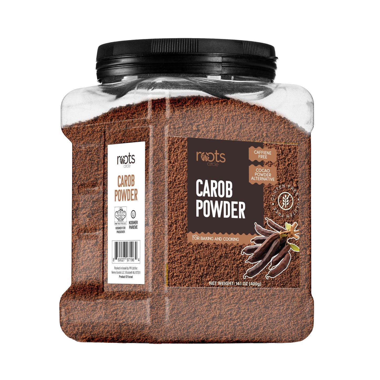 Roots Circle Carob Powder Unsweetened - Kosher, 14oz, Rich in Fiber, Caffeine-Free Chocolate Substitute for Smoothies and Baking