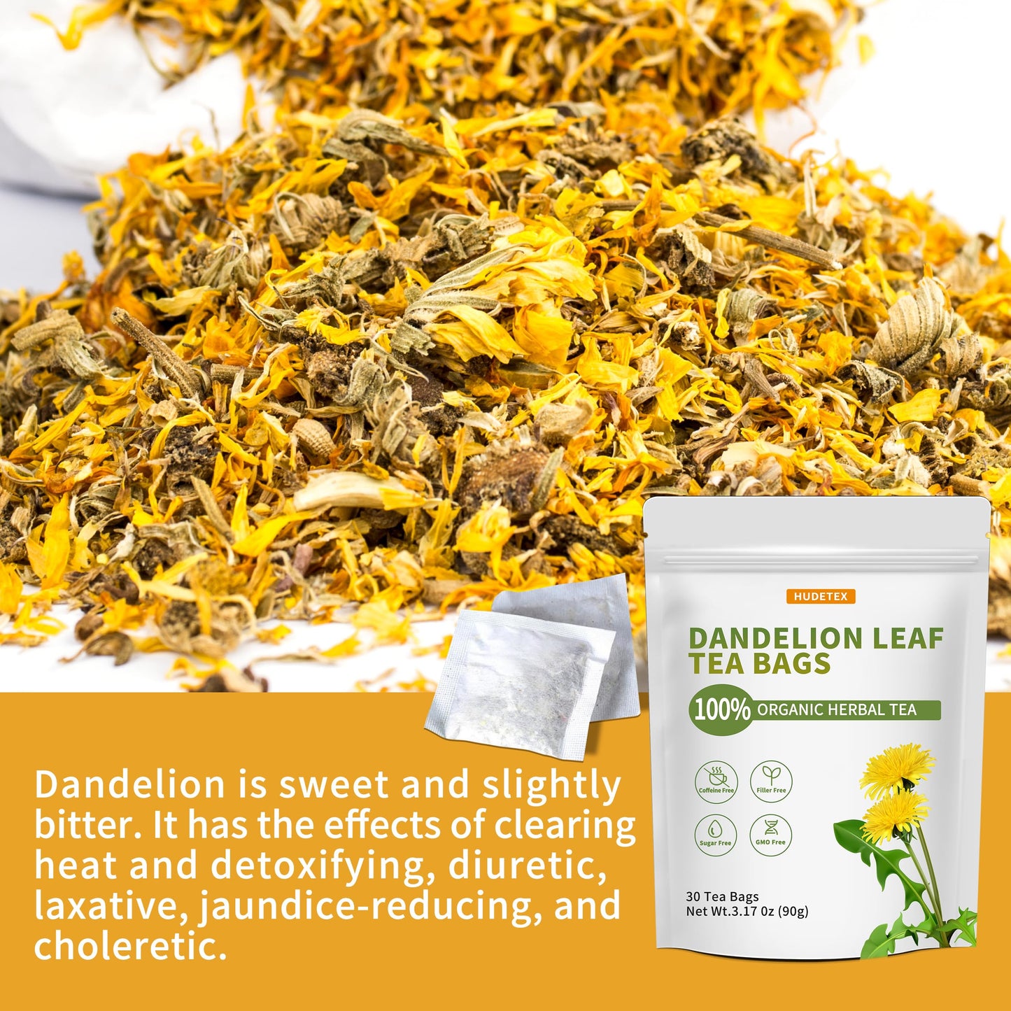 Hudetex Organic Dandelion Leaf & Root Tea Bags, Caffeine Free, 30 Bags, Resealable