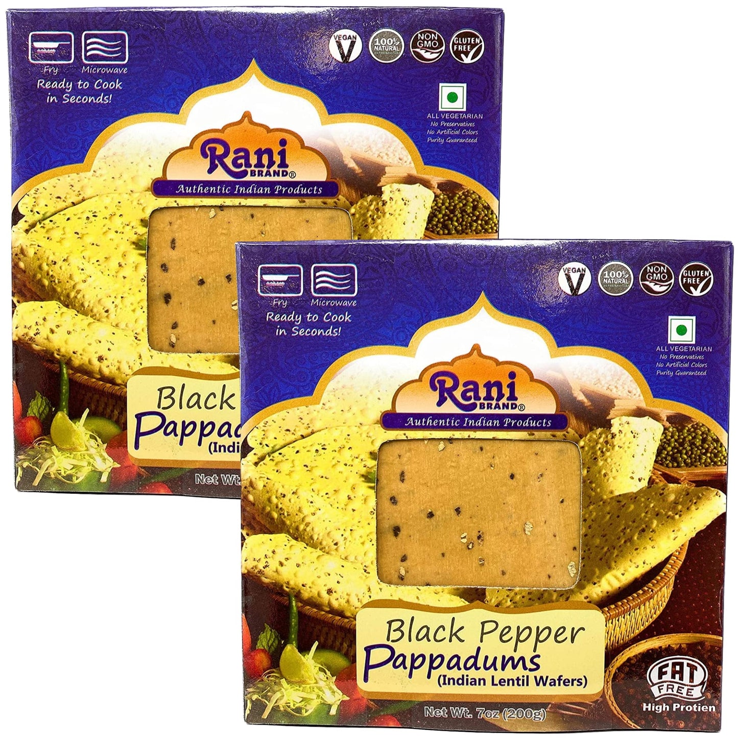 Rani Pappadums (Indian Lentil Wafer Snack) Black Pepper Papad 7oz (200g) Approximately 15pc, 7 inches, Pack of 2 ~ All Natural |