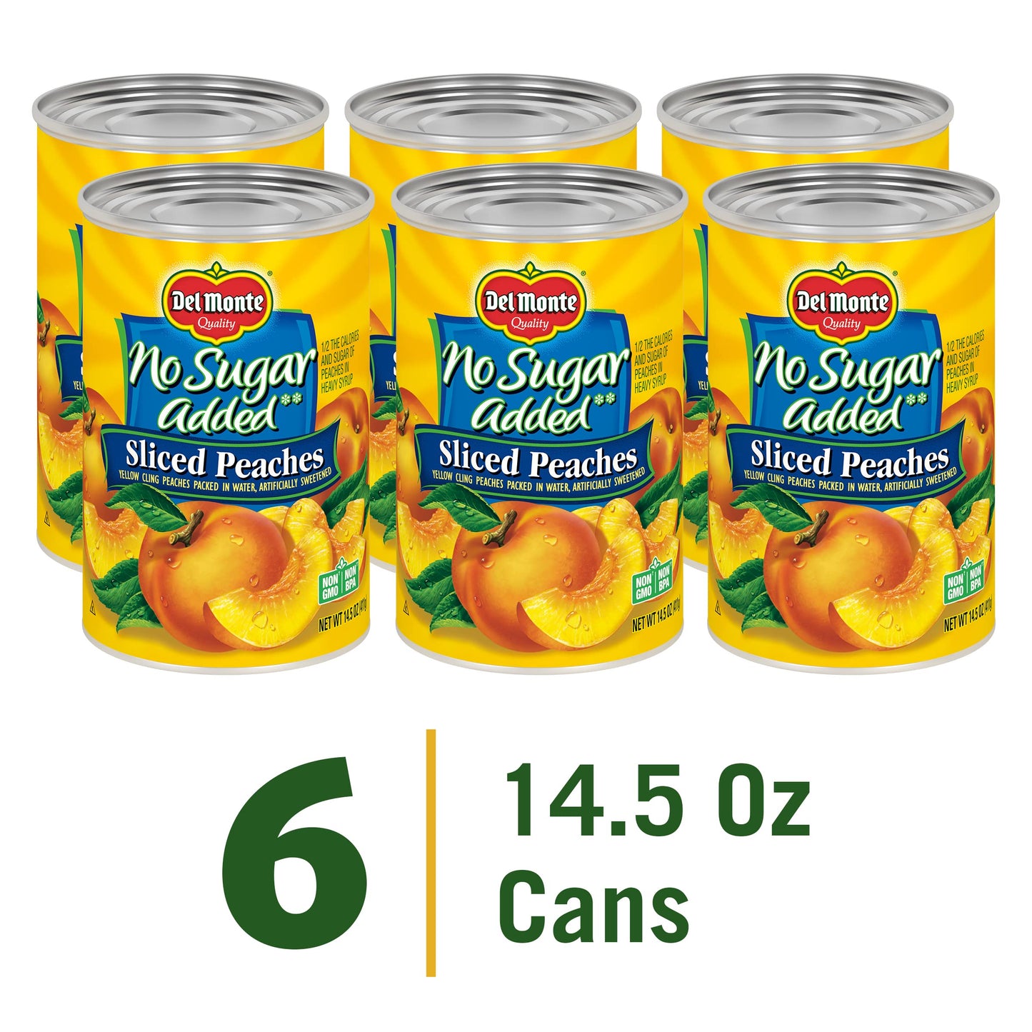 Del Monte No Sugar Added Yellow Cling Sliced Peaches, Canned Fruit, 14.5 oz Can, 6-Pack, Peach