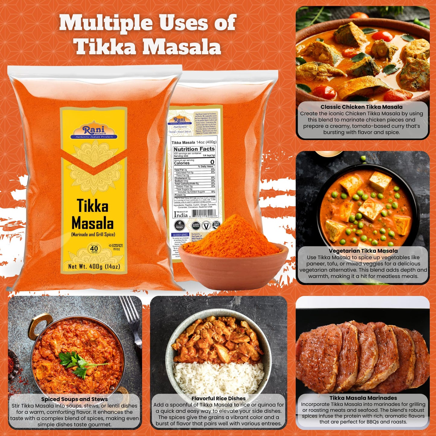 Rani Tikka Masala Indian Spice Blend, All Natural, Vegan, Salt-Free, 14oz (400g)