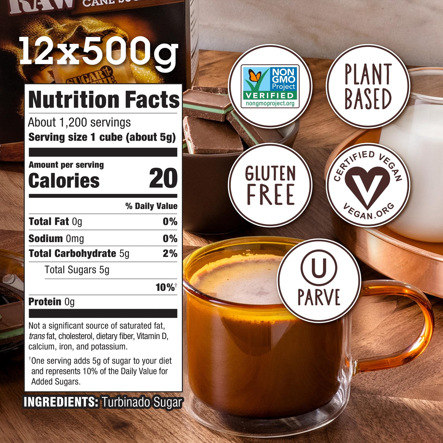 IN THE RAW Sugar Cubes, Granulated Turbinado Cane Sugar, Vegan, Gluten-Free, Non-GMO, 1.1 lb (Pack of 12)