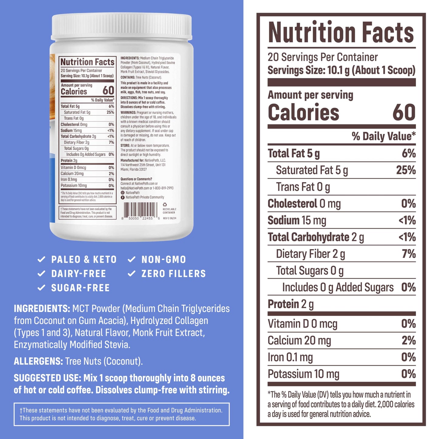 Nativepath Keto Coffee Creamer Powder French Vanilla - Keto-Friendly, Non-Dairy & Low Sugar Creamer. Made With Grass-Fed Collage