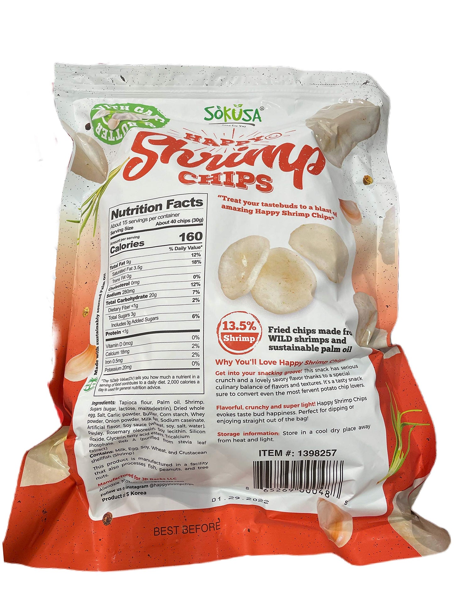 Costco Happy Chips With Garlic & Butter 13.5% Shrimp Family Size, 16 Oz