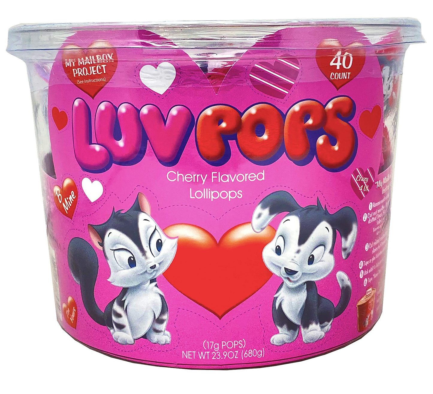Adams & Brooks, Inc. Luv Pops Intense Cherry Flavored Heart-Shaped Lollipops Mailbox Tub Individually Wrapped Heart Lollipops Fo