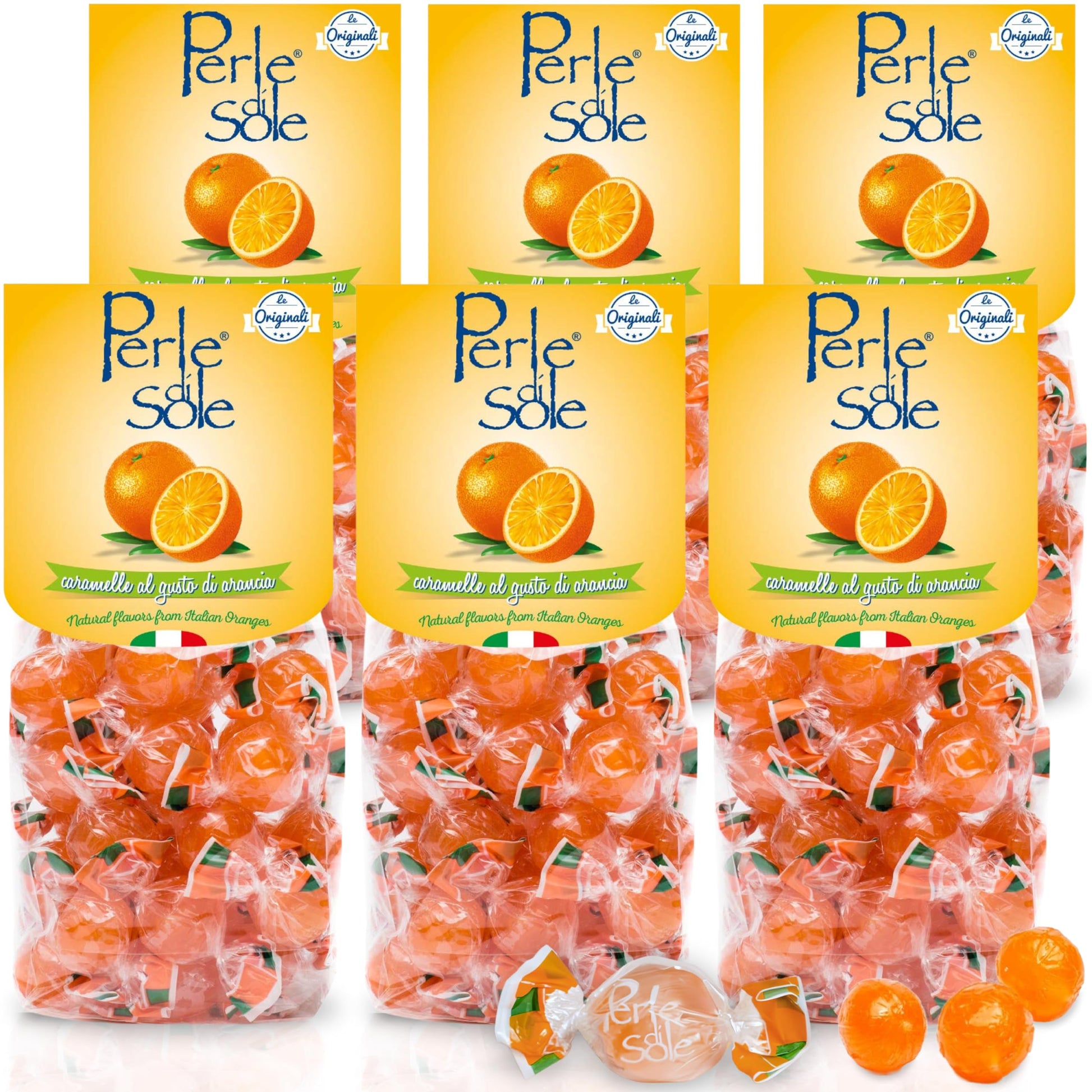 The original Perle di Sole Orange Candy Individually Wrapped - Italian Hard Candy Orange Drops Made in Italy Citrus Candies - Pa
