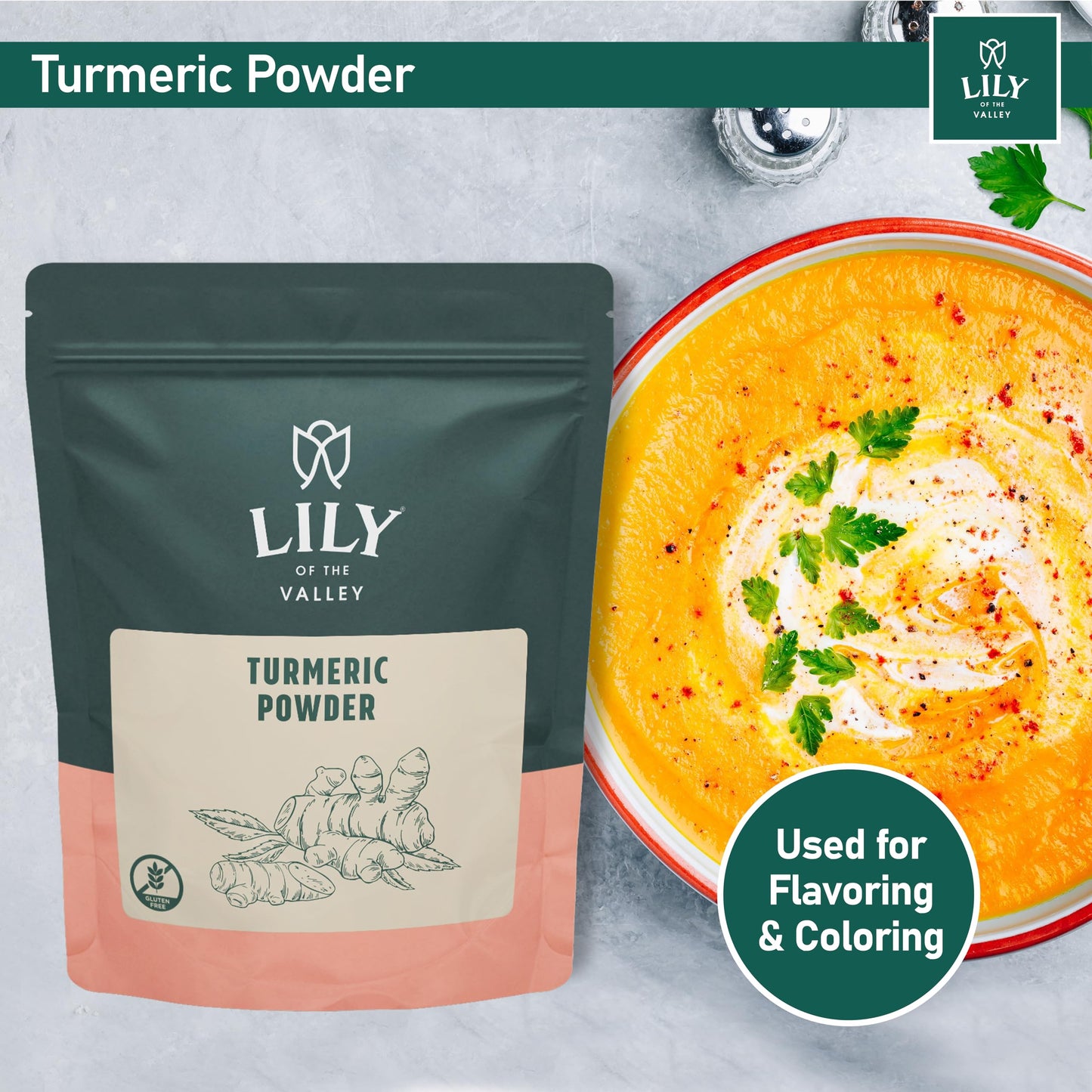 Lily Of The Valley Turmeric Root Powder - Ground Curcumin Powder - 100% Raw From India - Great For Cooking, Baking & Latte - Vegan & Gluten-Free - Packed In Resealable Pouch (8Oz, 226G)