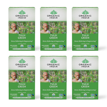 Organic India Tulsi Green Tea Bags - Holy Basil Tea, African Basil, Stress Relieving, Immune Support, Usda Certified Organic, Premium Darjeeling Green Tea, Caffeinated - 18 Infusion Bags, 6 Pack