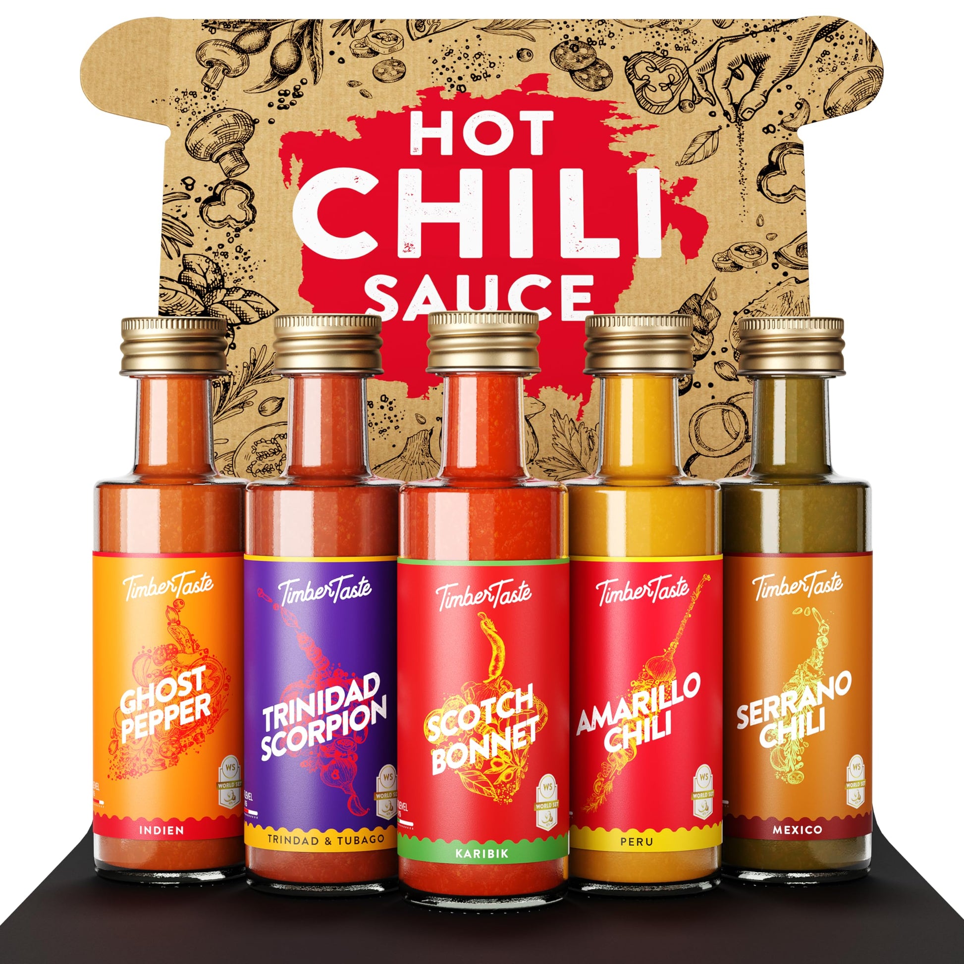 TIMBER TASTE World Hot Sauce Gift Set [5x1.35 oz] Hot Sauce Variety Pack - Spicy Condiment Set for Heat Lovers in Mini Bottles -