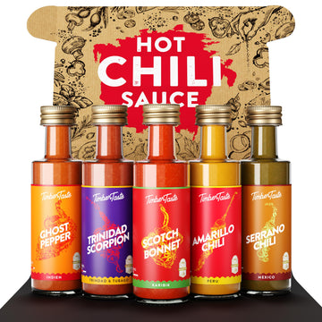 TIMBER TASTE World Hot Sauce Gift Set [5x1.35 oz] Hot Sauce Variety Pack - Spicy Condiment Set for Heat Lovers in Mini Bottles -