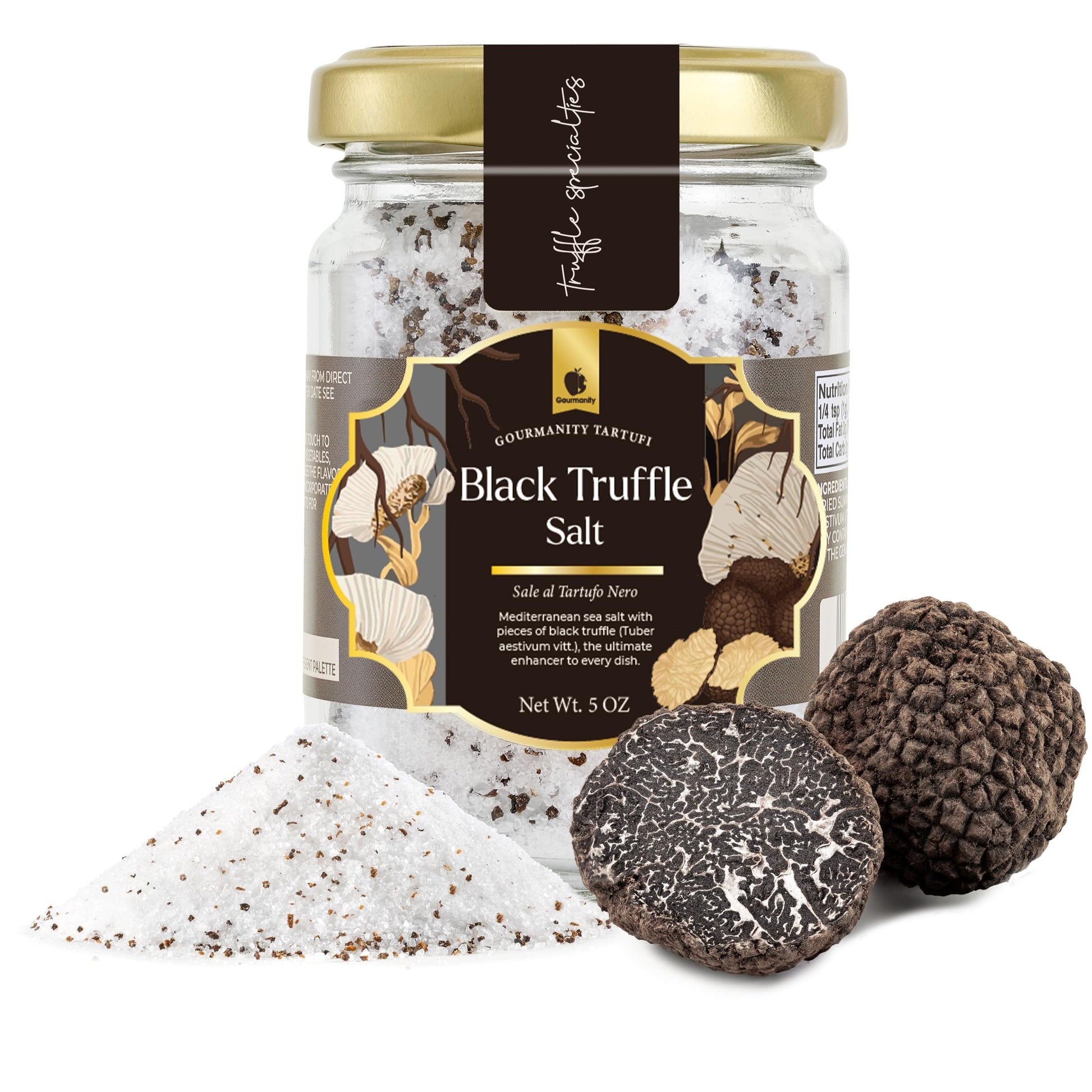 Gourmanity Black Truffle Salt, Coarse Mediterranean Sea Salt with Truffle Flakes, 5oz Jar, Product of Italy
