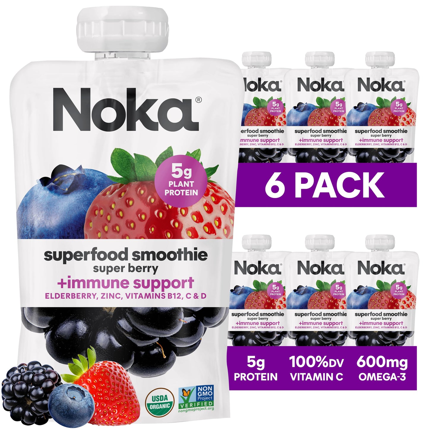 NOKA Superfood Fruit Smoothie Pouches, Super Berry, Gluten Free, Vegan, 4.22 oz, 6 Count