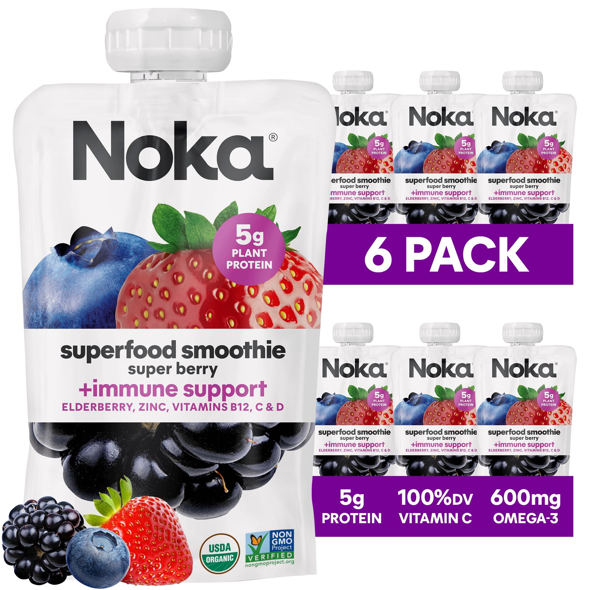 NOKA Superfood Fruit Smoothie Pouches, Super Berry, Gluten Free, Vegan, 4.22 oz, 6 Count