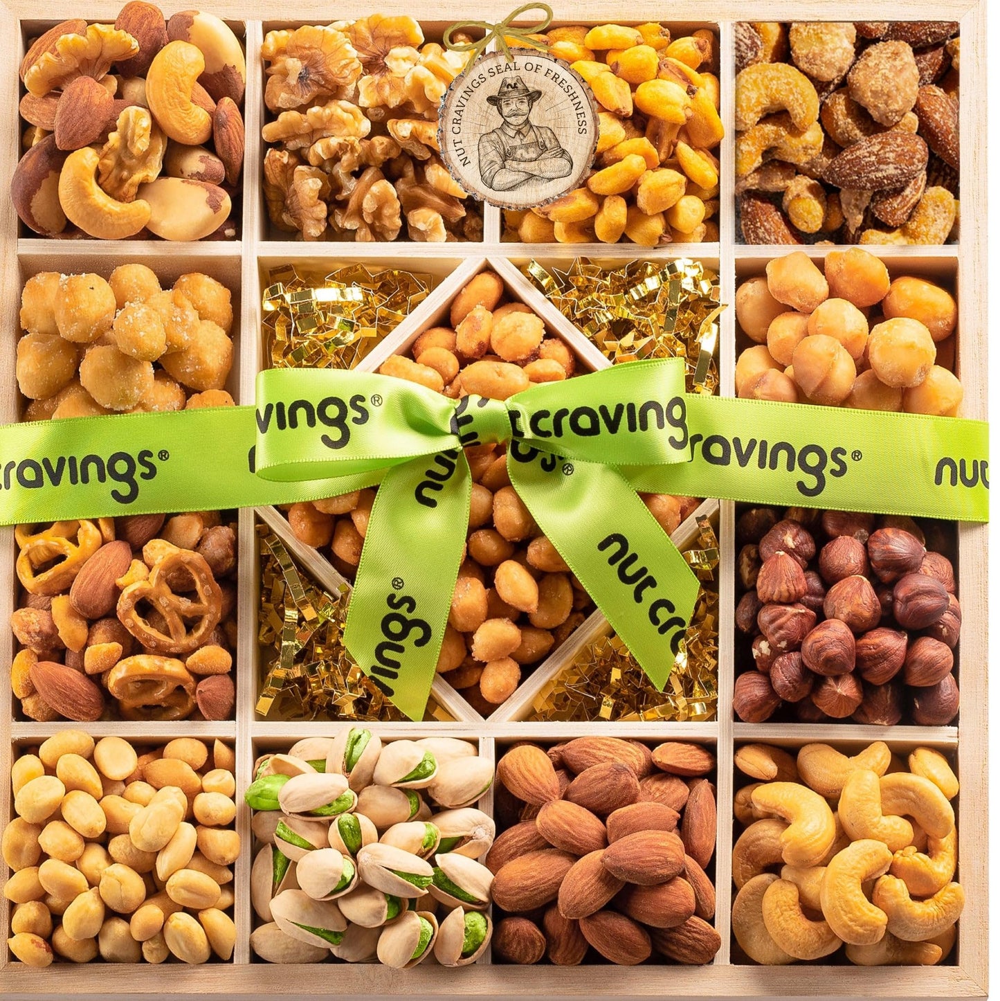 Nut Cravings - Thanksgiving Mixed Nuts Gift Basket In Reusable Diamond Wooden Tray + Green Ribbon (13 Assortments) Holiday Xmas Christmas Food Arrangement Healthy Snack Care Package
