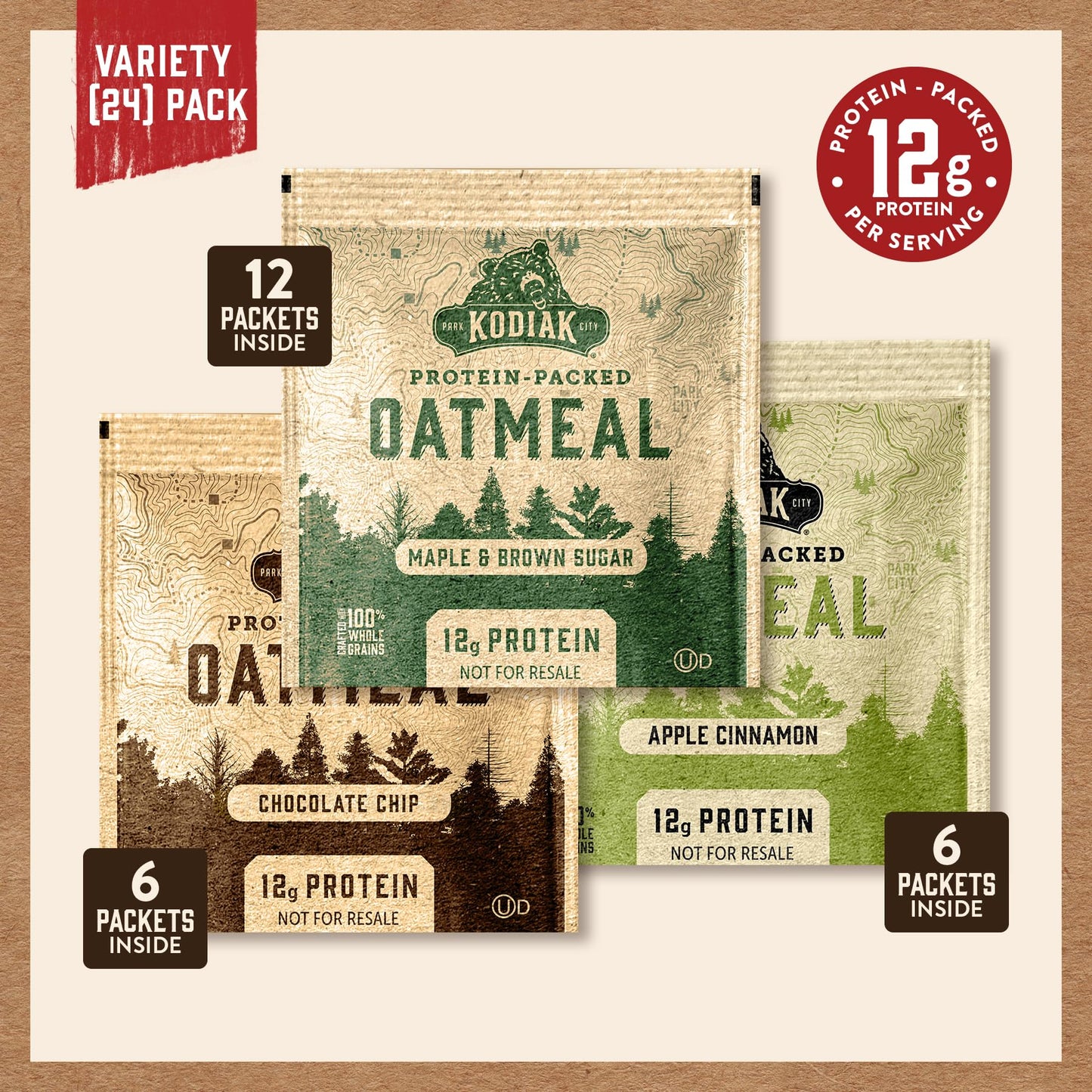 Kodiak Cakes Instant Oatmeal Packets Variety Pack - High Protein - 100% Whole Grains Breakfast Food - Maple & Brown Sugar  Apple Cinnamon  & Chocolate Chip (24 Packets)