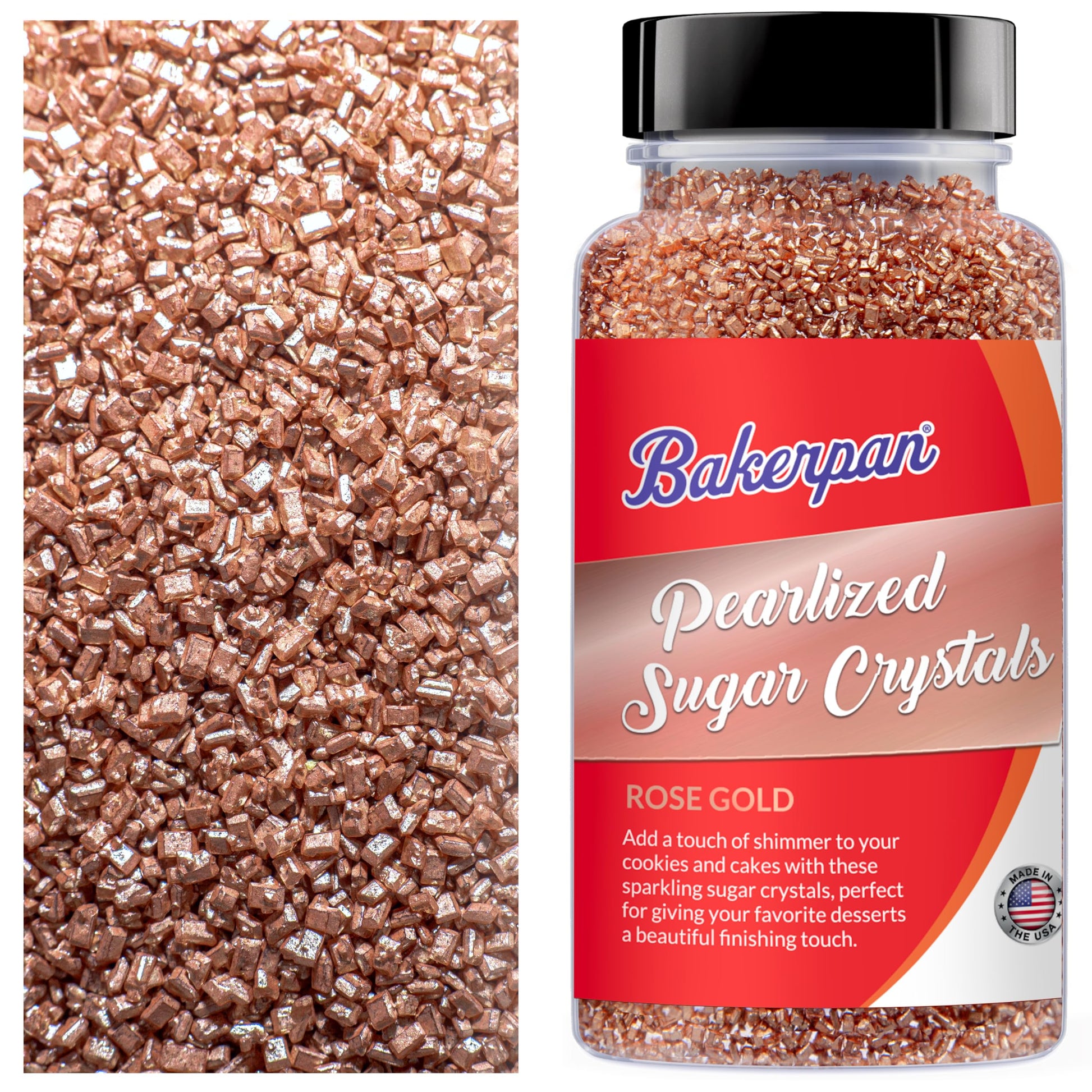 Bakerpan Pearlized Sugar Sprinkles for Baking - 5 Ounce - Sparkling Rose Gold Decorating Sugar Crystals for Cookies, Cake Pops, 