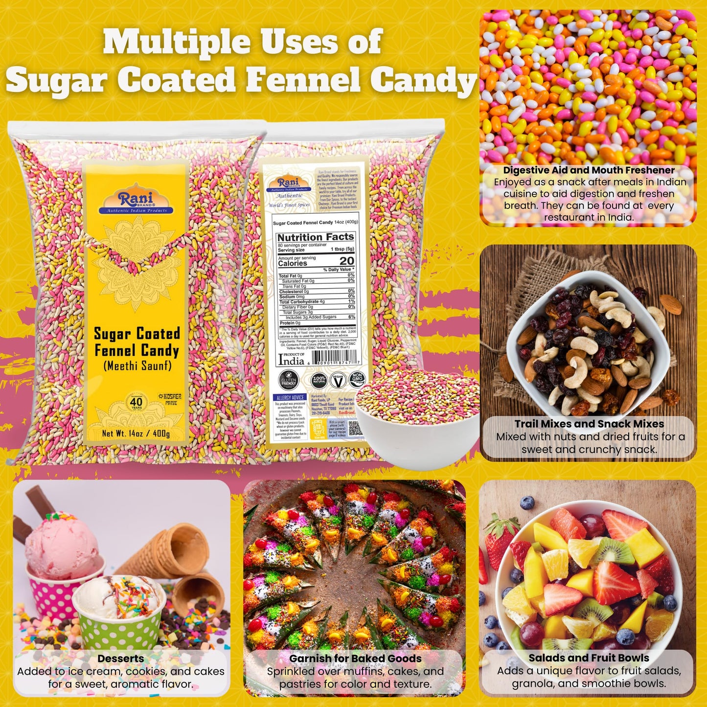 Rani Sugar Coated Fennel Candy 14oz (400g) - [Pack of 2 / 800g 28oz total] ~ Indian After Meal Digestive Treat | Vegan | Gluten