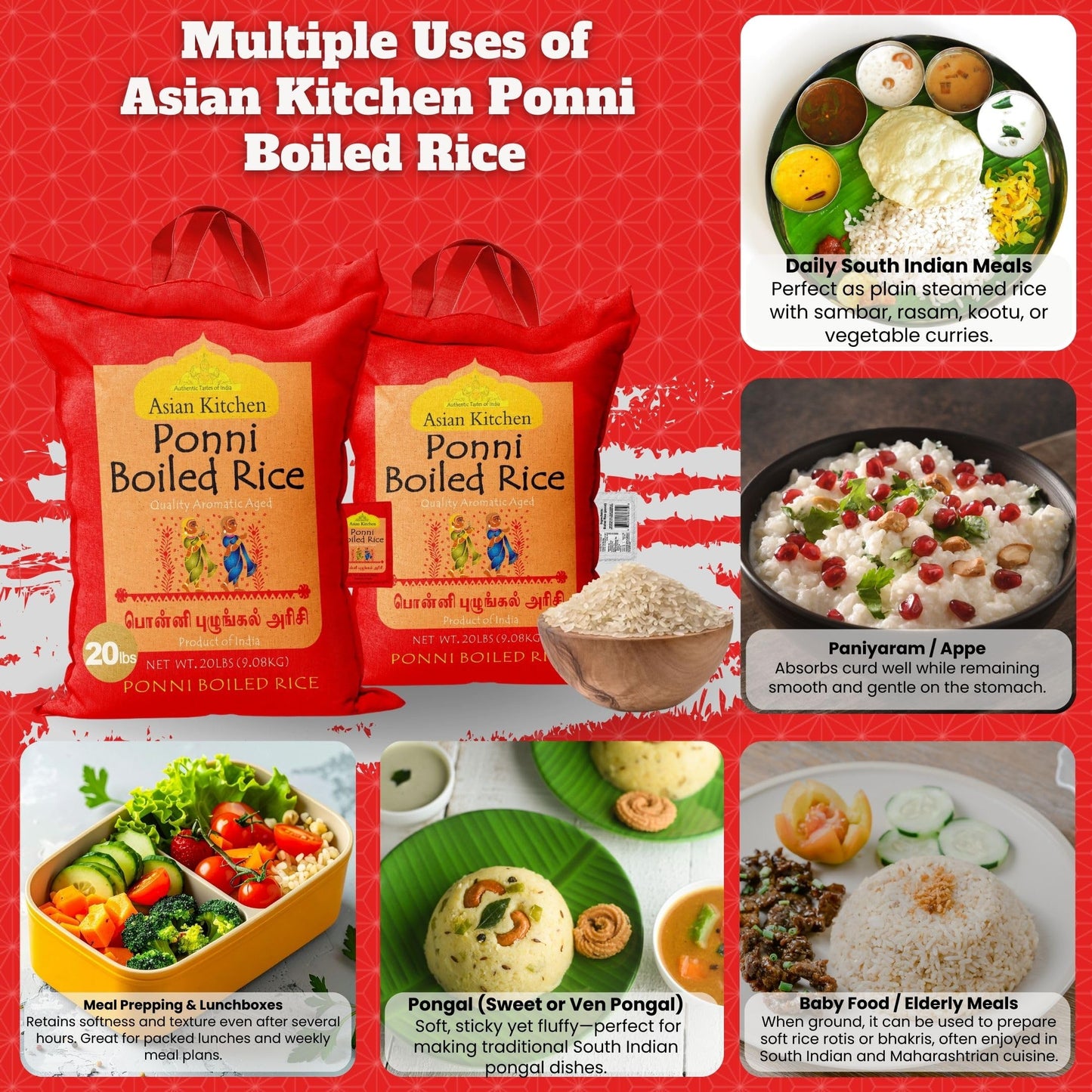 Asian Kitchen Ponni Boiled Rice, Short Grain, Gluten Free, Vegan, 20 lbs (9.08 kg), All Natural, Indian Origin