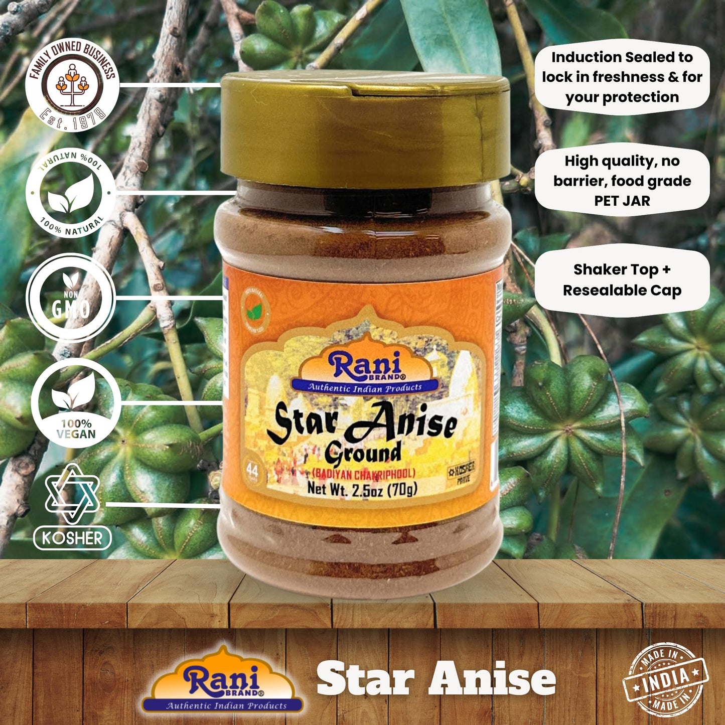 Rani Star Anise Powder (Badian Khatai) Ground Spice 2.5Oz (70G) Pet Jar ~ All Natural | Gluten Friendly | Non-Gmo | Kosher | Veg