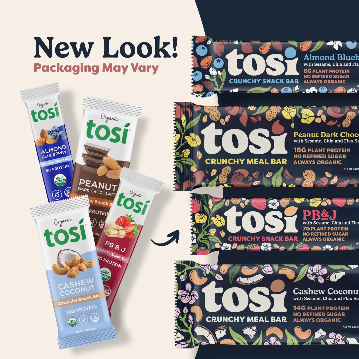 Tosi Cashew Blueberry Protein Bars - Crunchy Nut & Seed Vegan Snack Bars, Gluten Free, 6g Plant Based Protein, Organic Flax, Chi