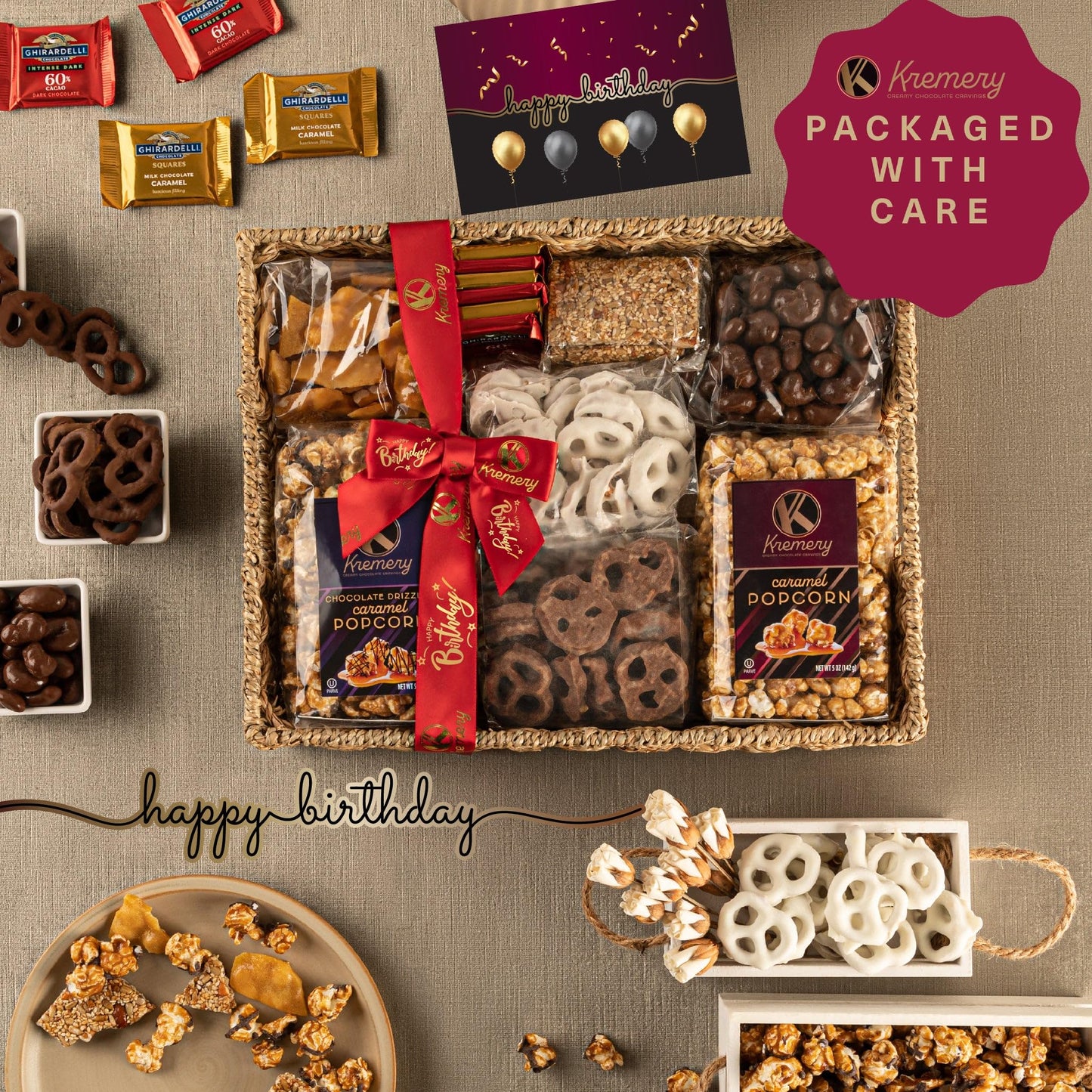 Kremery Creamy Chocolate Cravings - Happy Birthday  , Chocolate Covered Pretzels & Caramel Popcorn Gift Basket, In Seagrass Tray + Ribbon & Greeting Card (Deluxe, 3.5 Lbs) Food Assortments