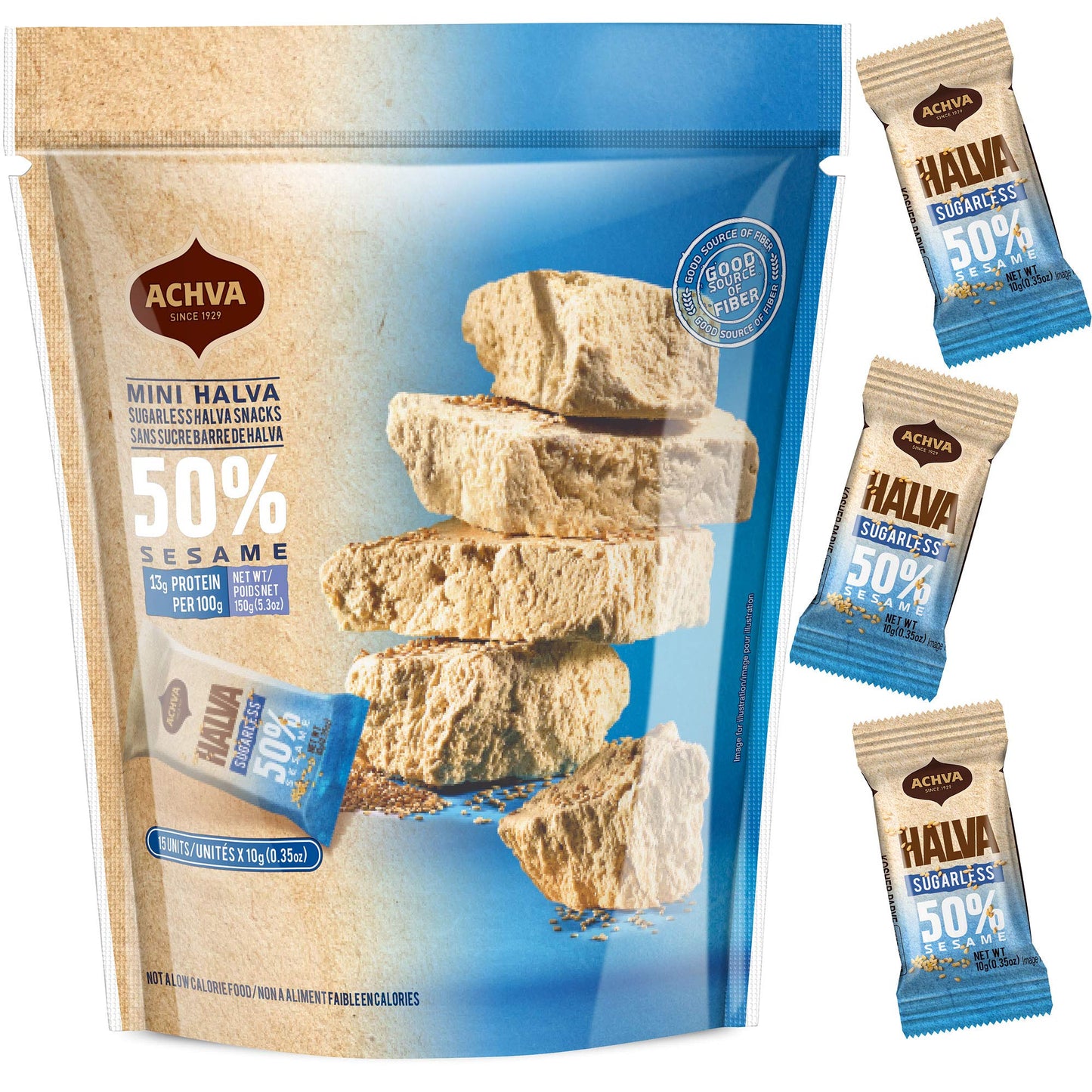 Halva Sugarless Tahini Bar Mini Snacks - Assortment Of 15 Snack-Sized Vanilla Flavor Halvah- Vegan, Kosher Snacks With No Gluten