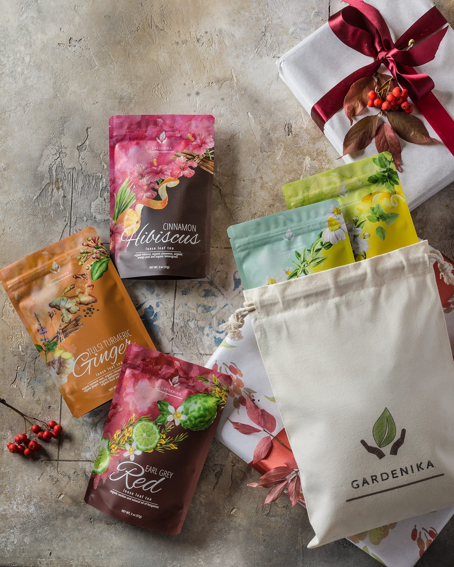 Gardenika Organic Loose Leaf Tea Set - Herbal Caffeine-Free, Rooibos, Spearmint, Chamomile, Hibiscus, Tulsi, Turmeric, Ginger - 5 Pack
