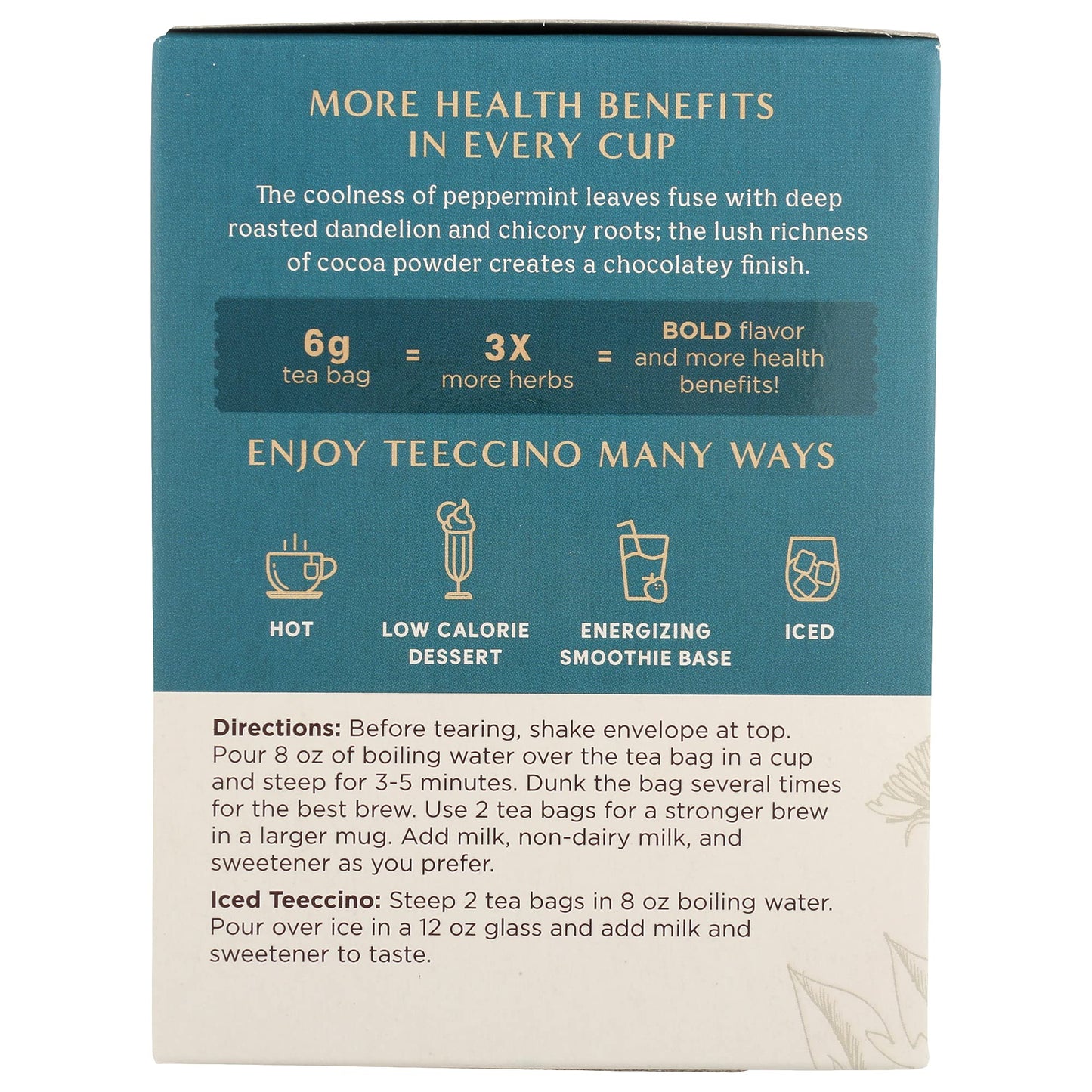 Teeccino Dandelion Mocha Mint Herbal Tea - Caffeine Free, Gluten Free - 10 Tea Bags, Model TEE43310