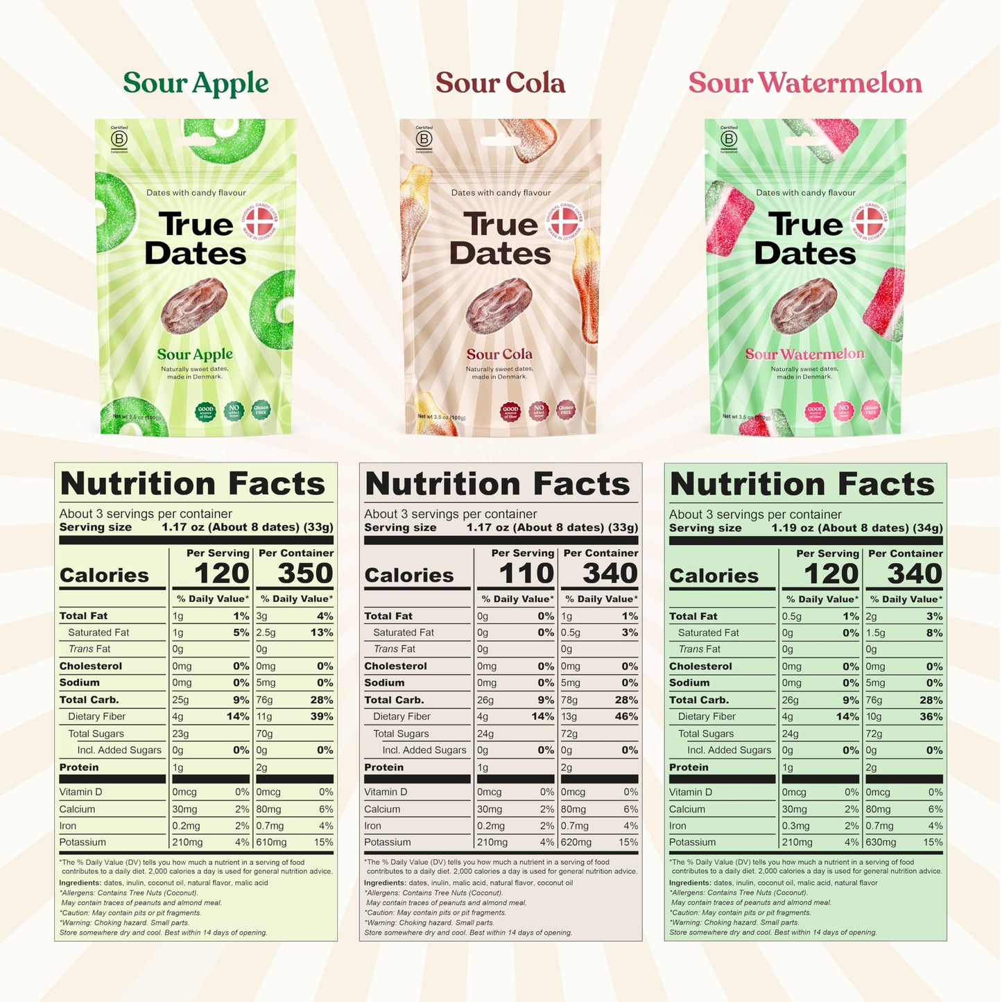True Dates, Sour Flavor Variety, 3-3.5 Ounce Bags (Sour Apple, Sour Cola, Sour Watermelon) - Dates With Candy Flavor, Vegan, No