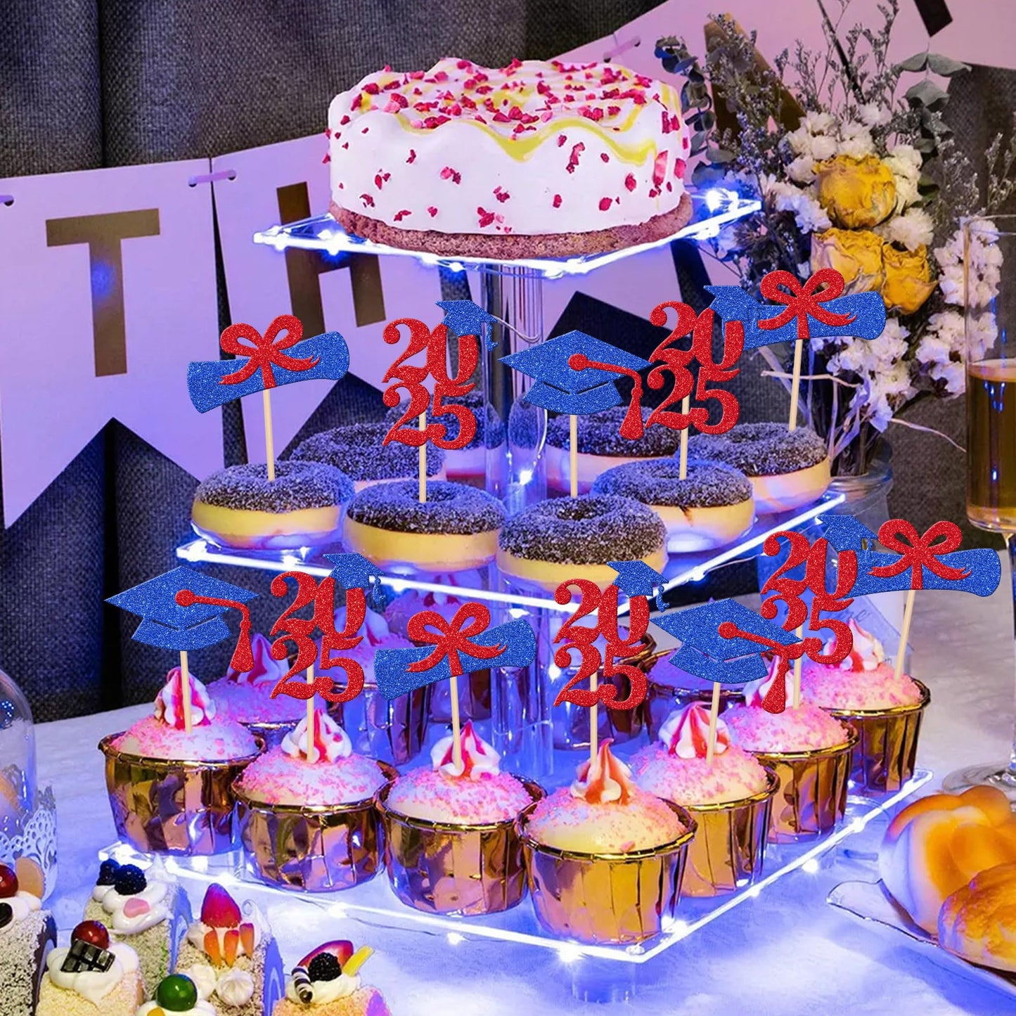 ZHUOWEISM 24 PCS Graduation Cupcake Toppers Glitter Paper Picks Blue Red for Class of 2025 Party Decorations
