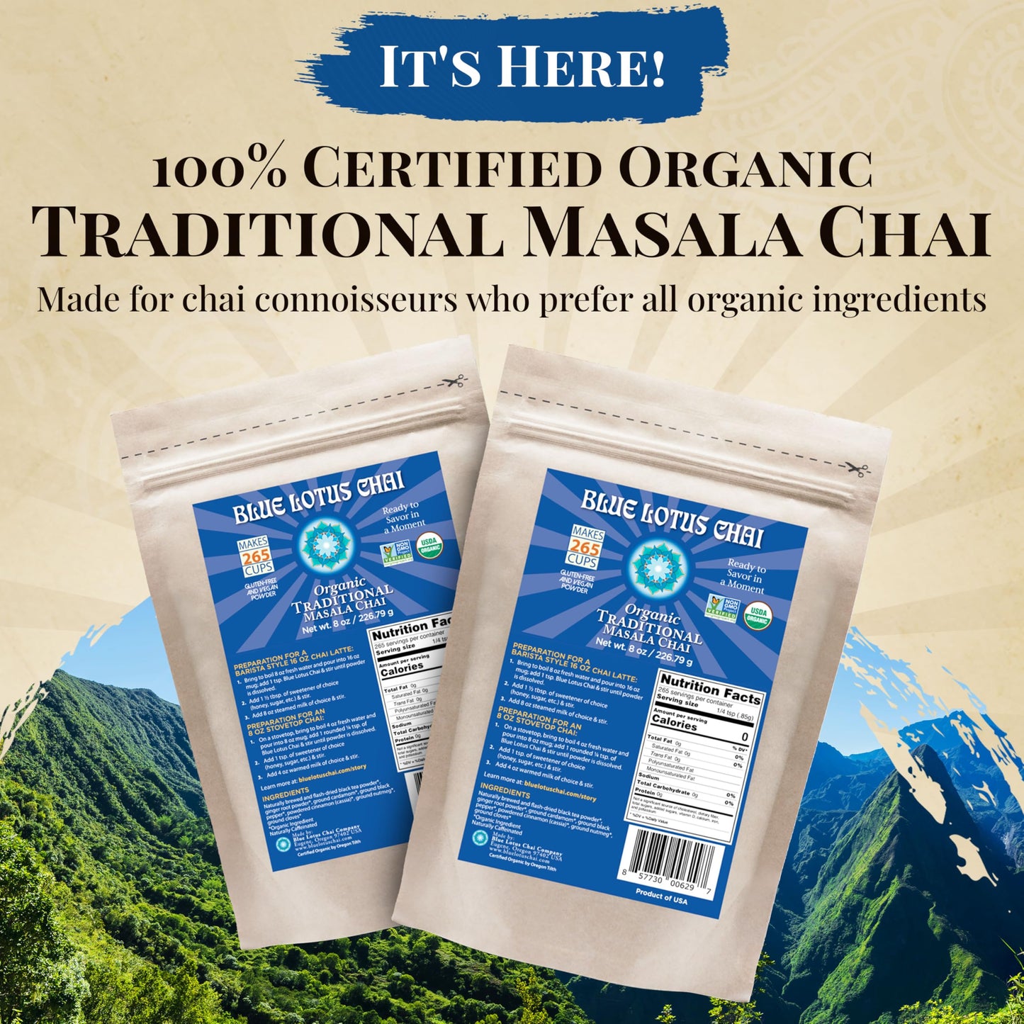 Blue Lotus Chai - Fully Organic Traditional Masala Chai - Makes 265 Cups - Just Add Hot Water, No Steeping, No Gluten - 8 Ounce