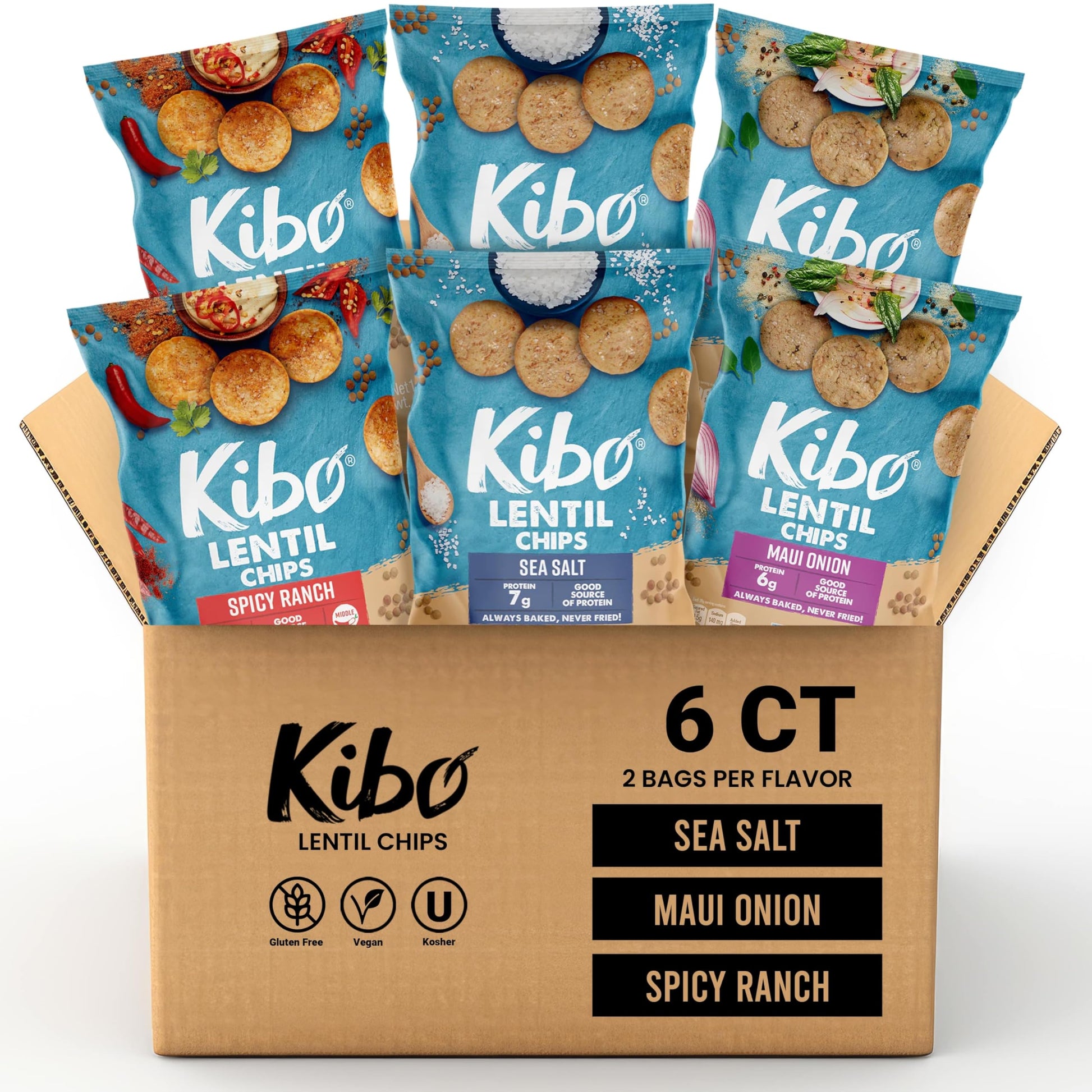 KIBO FOODS Lentil Chips Variety Pack - Gluten-Free, Vegan, Non-GMO - Maui Onion, Sea Salt, Spicy Ranch - 1 Ounce (Pack of 6)