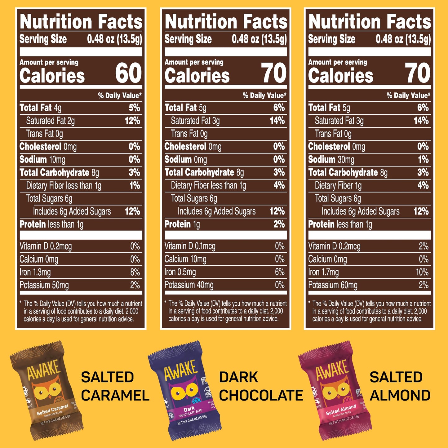 AWAKE - Caffeinated Chocolate Bites - Dark Chocolate Variety Pack (3 Flavors)  50 Bites - Dark  Salted Almond  & Salted Caramel - 50mg Caffeine - Coffee Alternative - Fairtrade  Gluten Free - 0.48oz