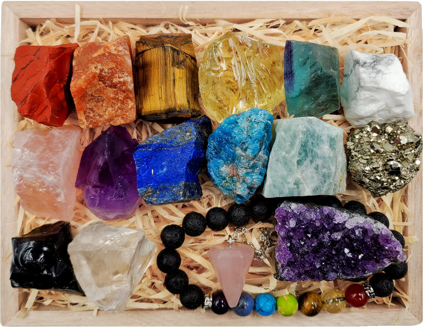 Zatny Raw Crystal Chakra Starter Collection 17Pcs Healing Crystal Kit, Flourite, Howlite, Obsidian, Amazonite, Apatite, Amethyts