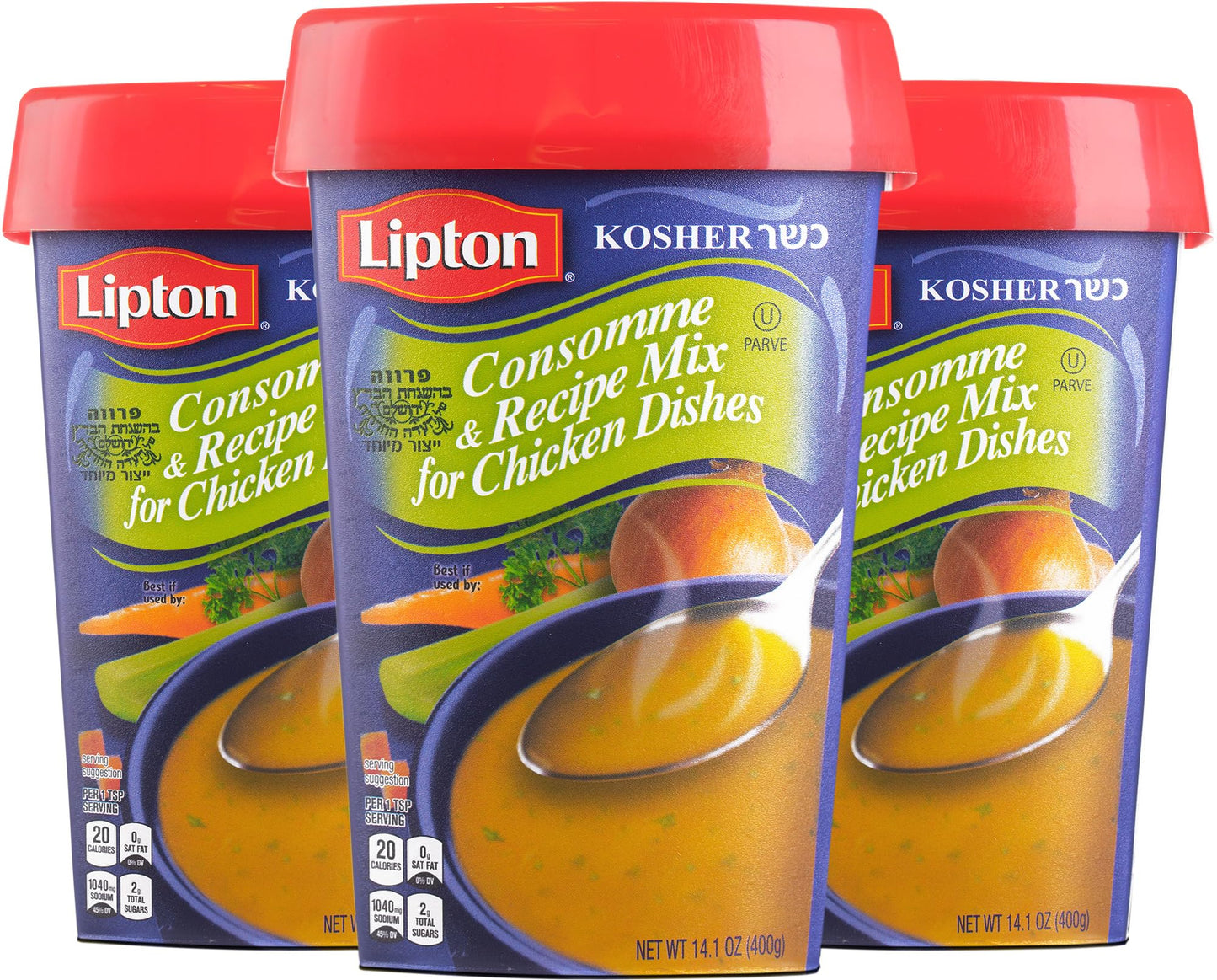 Lipton Consomme, Chicken Style Soup & Seasoning Mix, 14.1oz Canister (3 Pack) Resealable Lid, Meat Free, Certified Kosher