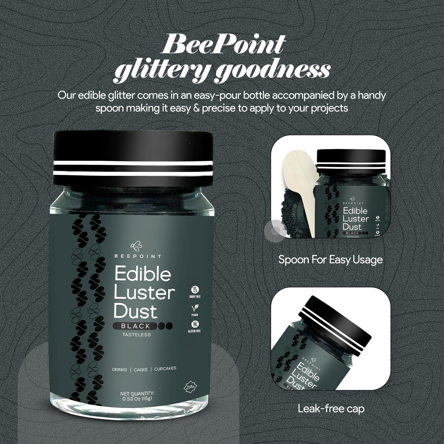 BeePoint Edible Glitter Luster Dust - Food Grade Shimmer Powder for Baking, Drinks & Decorating, 15g, Black